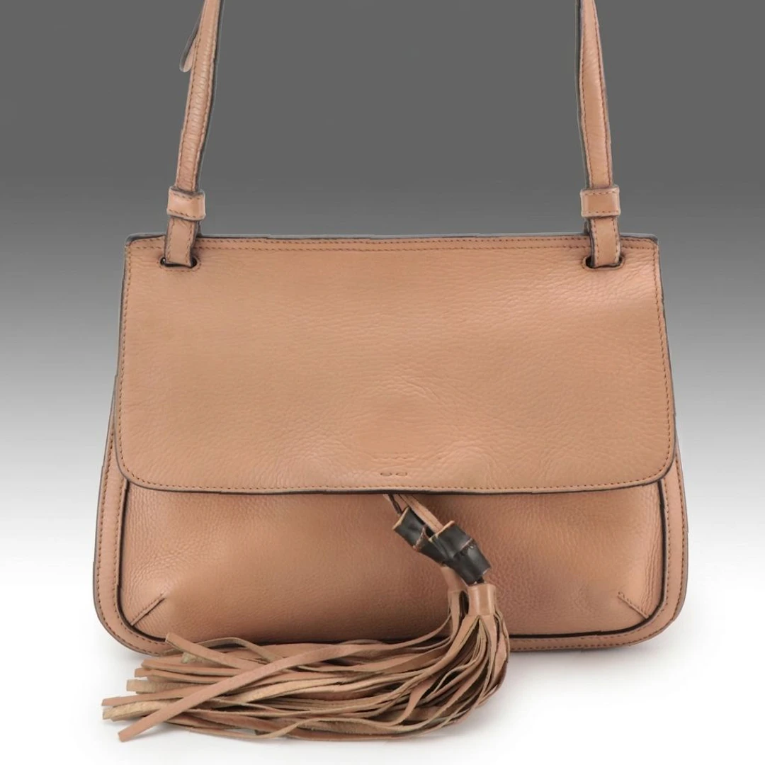 Gucci Bamboo Daily Bamboo Tassel Flap Shoulder Bag in Neutral Grained Calfskin