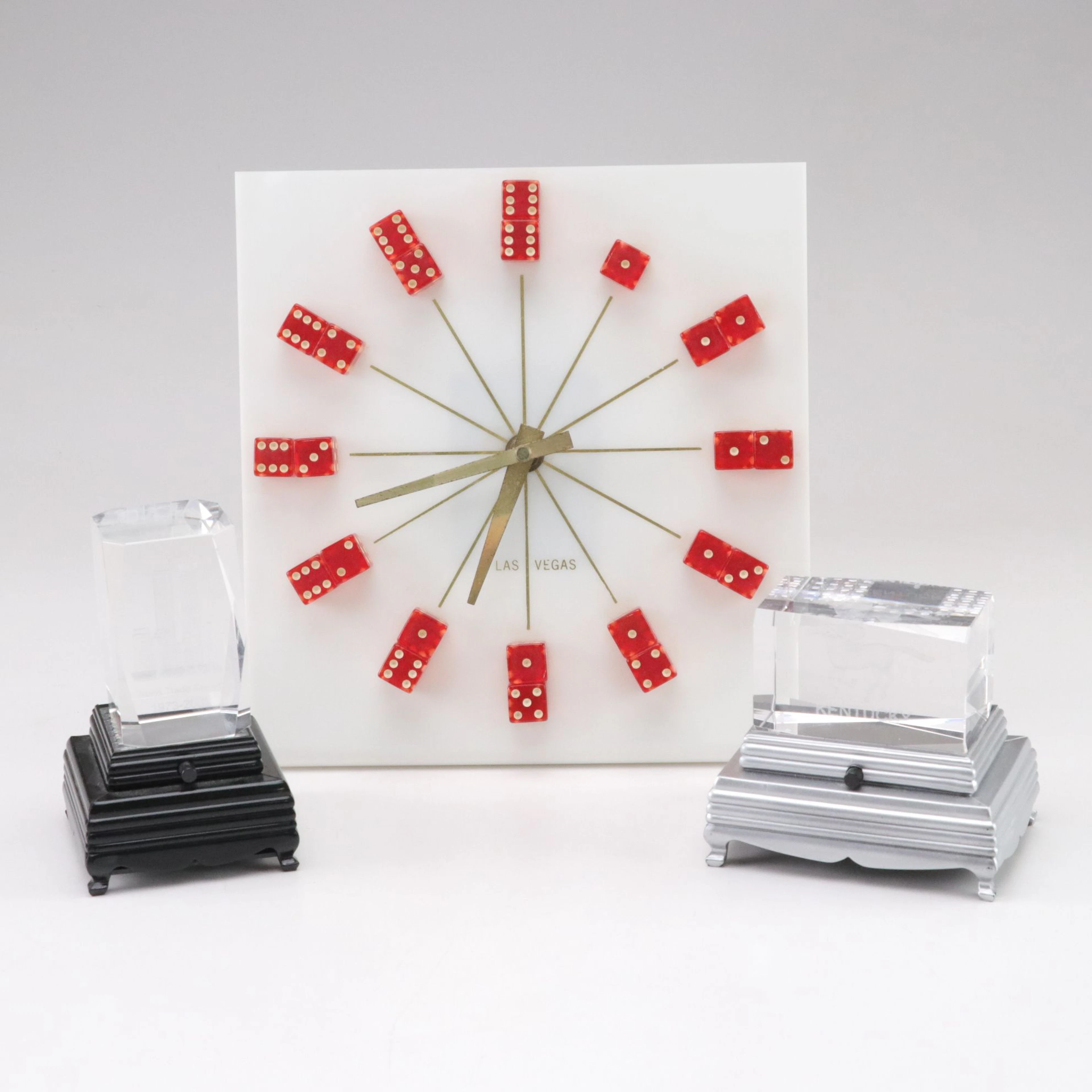 Las Vegas Red Dice Desk Clock with Laser Etched Glass Displays