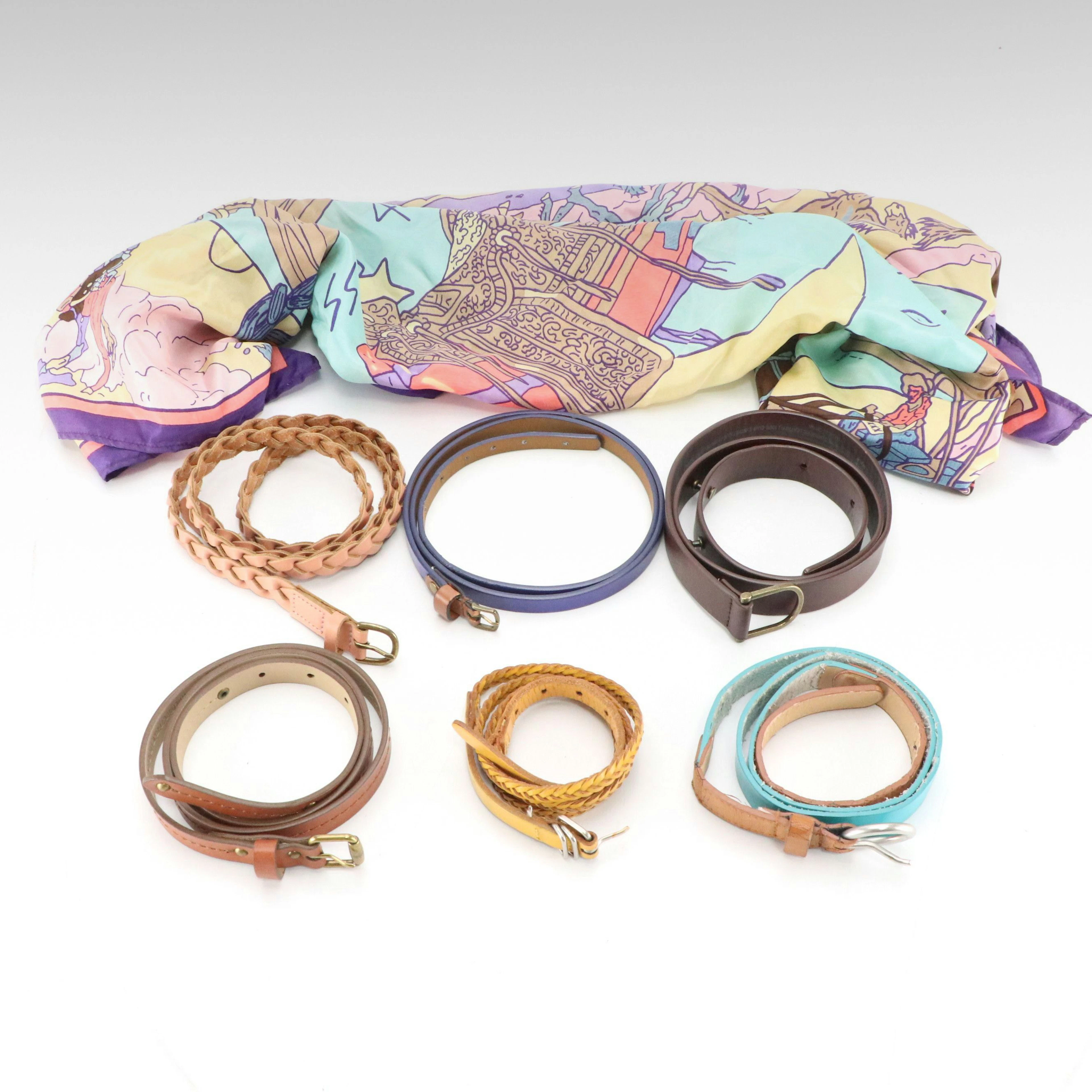 Cattle Kate Silk Equestrian Themed Scarf with Gap Faux Leather Skinny Belts