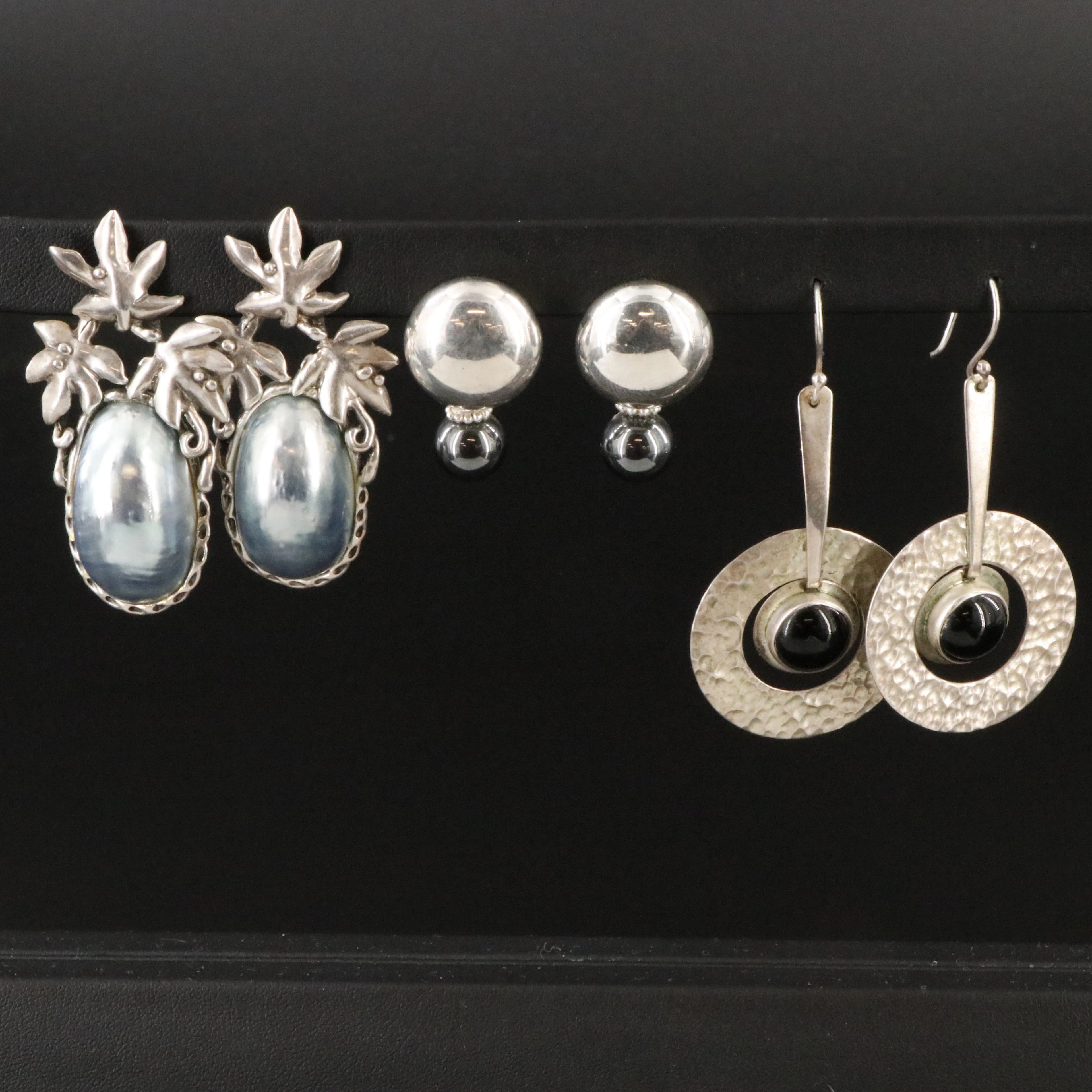 Sterling Earring Collection Featuring Pearl, Black Onyx, and Hematite