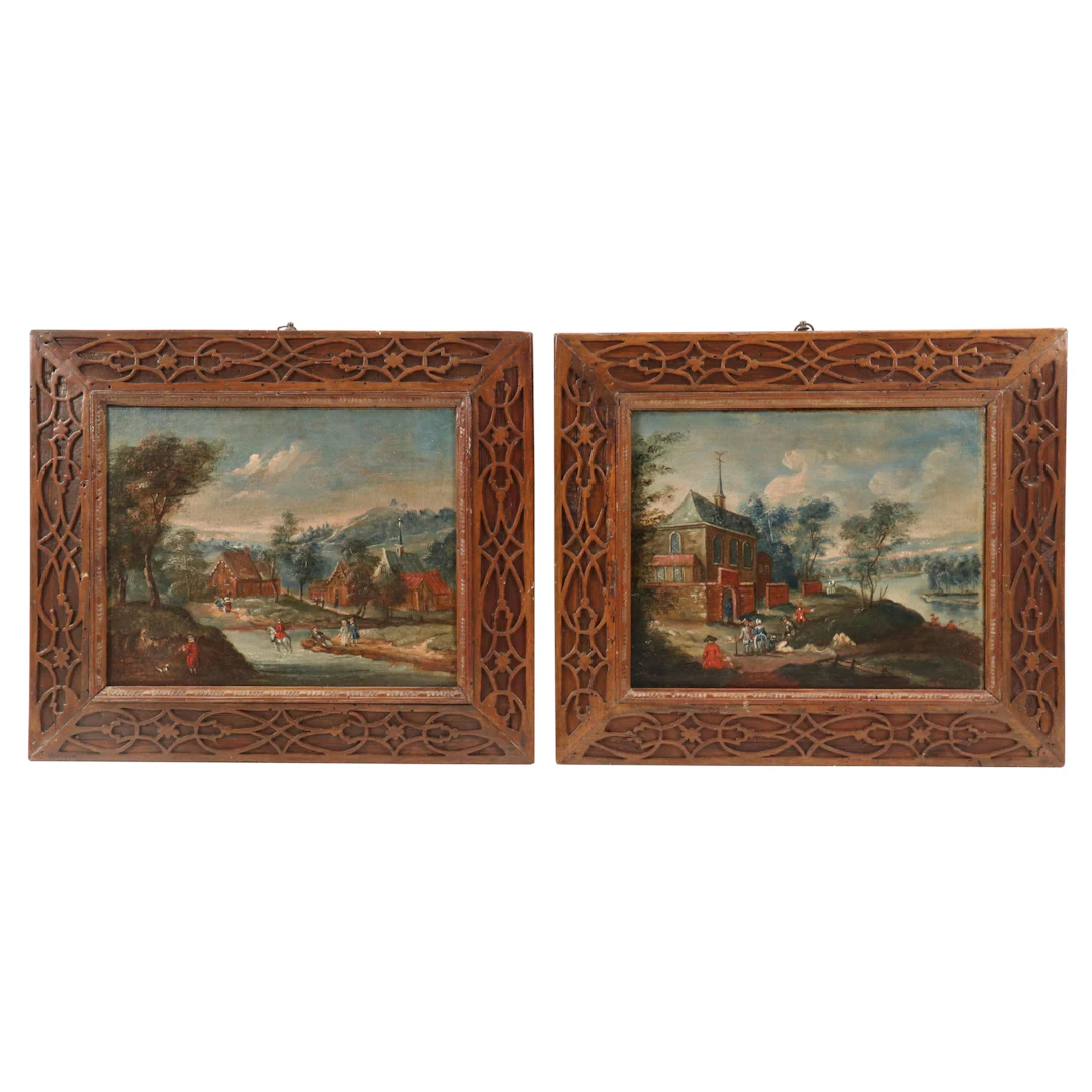 Flemish Genre Landscape Oil Paintings, 18th or 19th Century