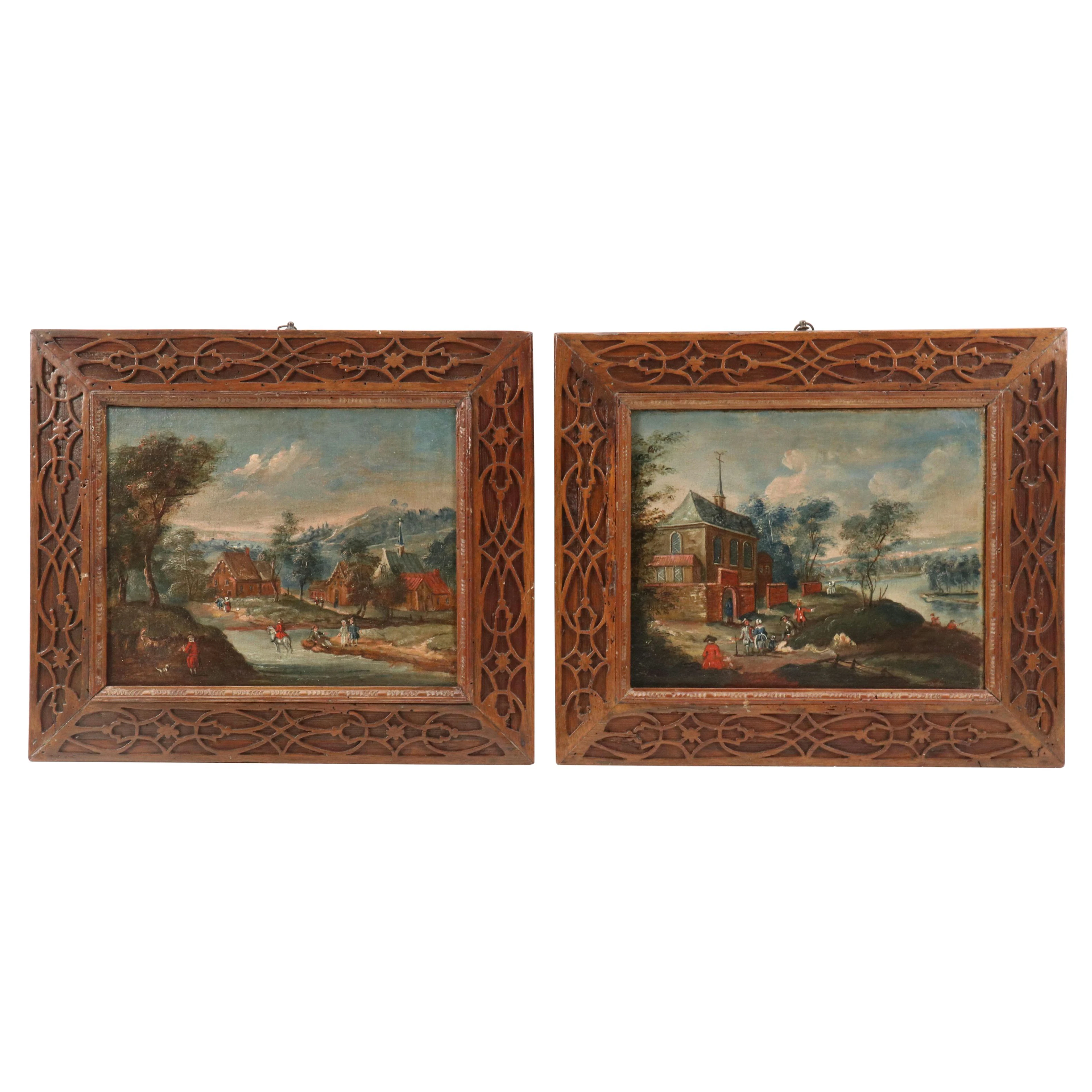 Flemish Genre Landscape Oil Paintings, 18th or 19th Century