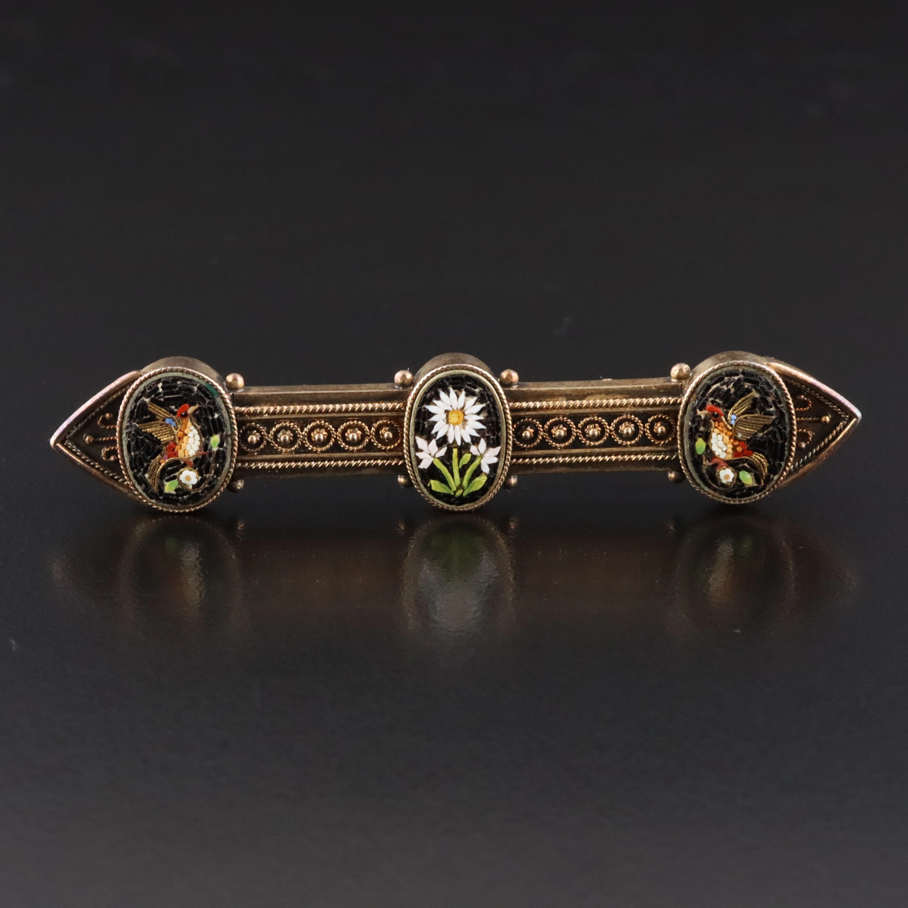 Victorian Etruscan Revival 14K Glass Micromosaic Bar Brooch with Swallows