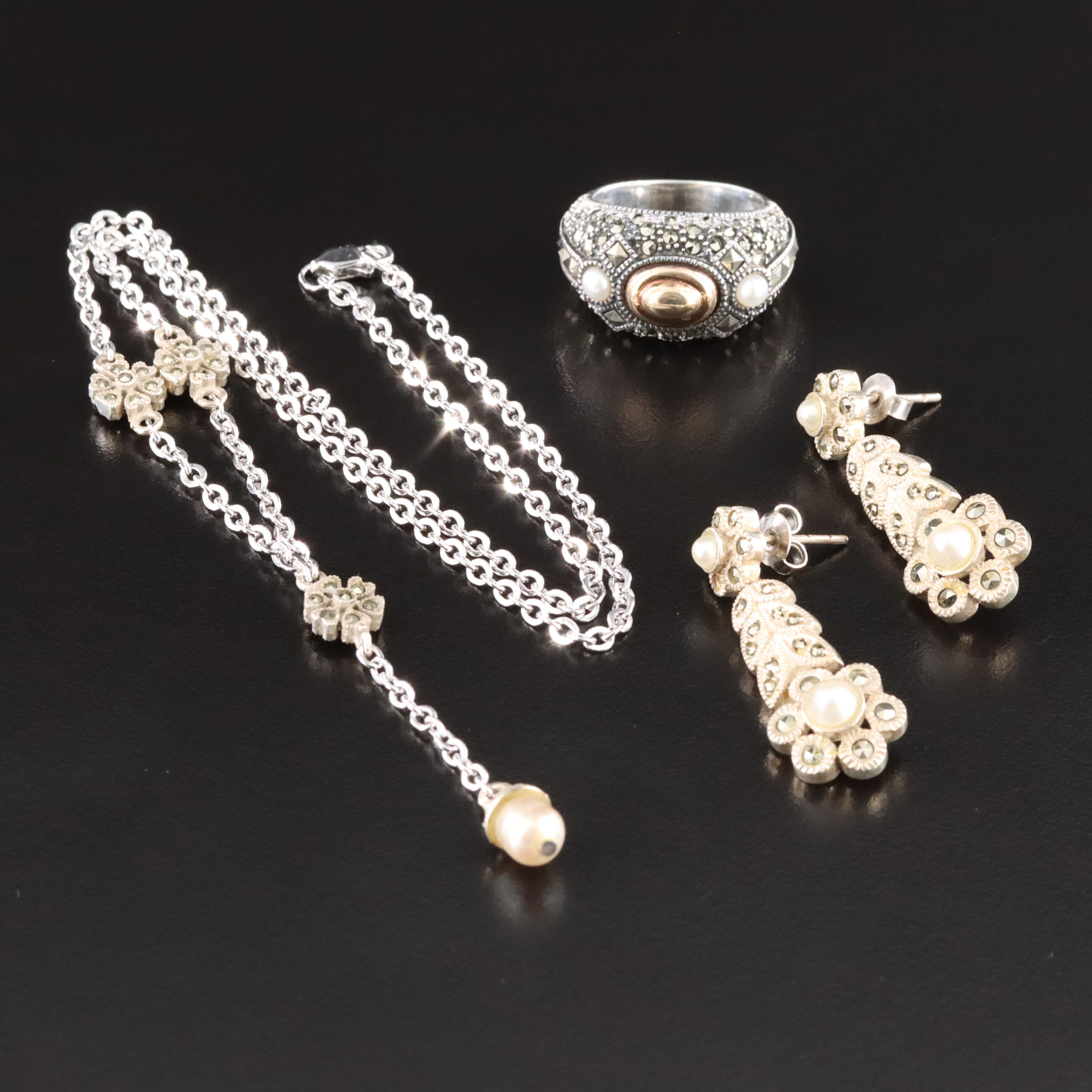 Judith Jack Ring and Earring with Necklace Including Marcasite and Pearl