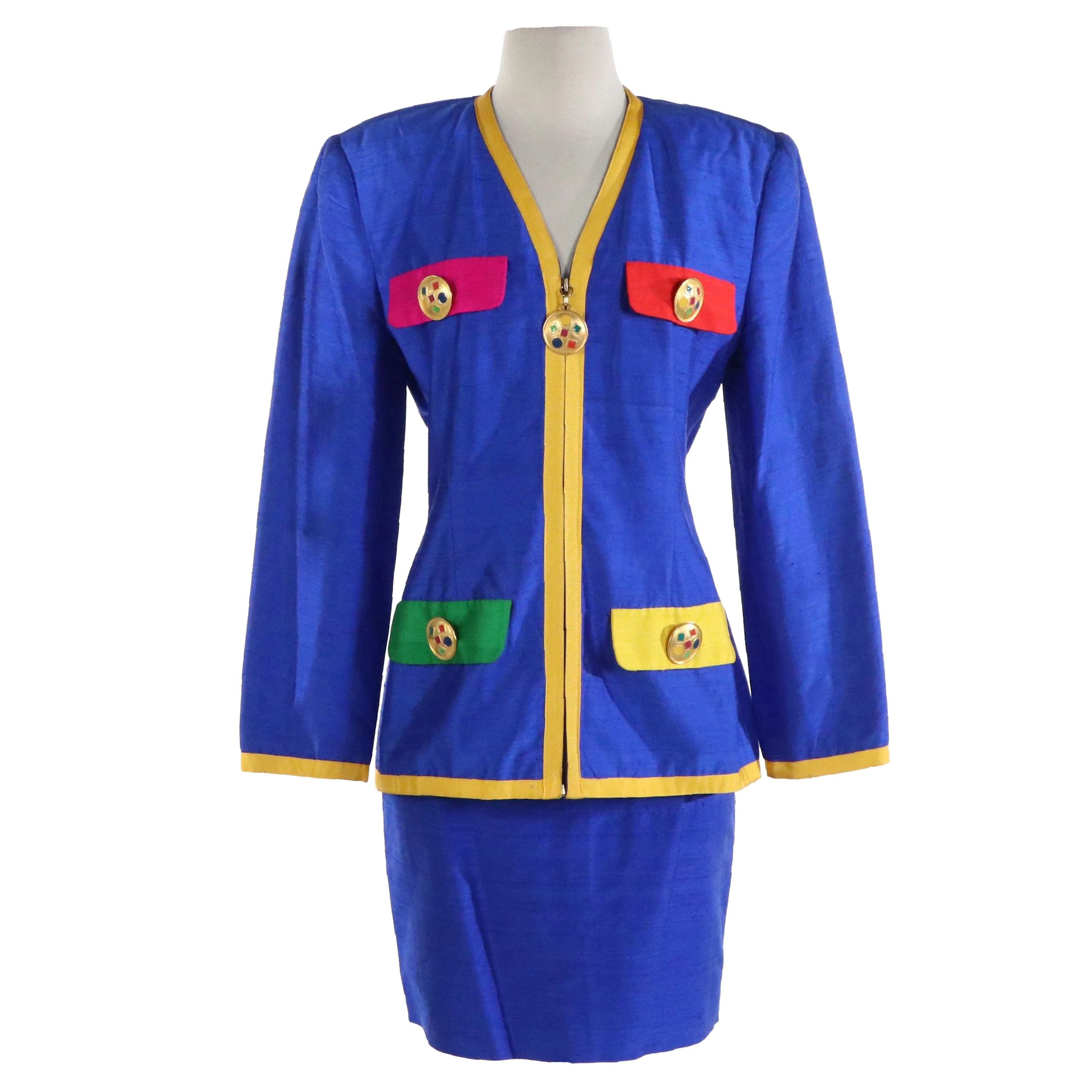 Henri Bendel Skirt Suit in Blue Silk Dupioni with Contrast Ribbon Trim, Vintage