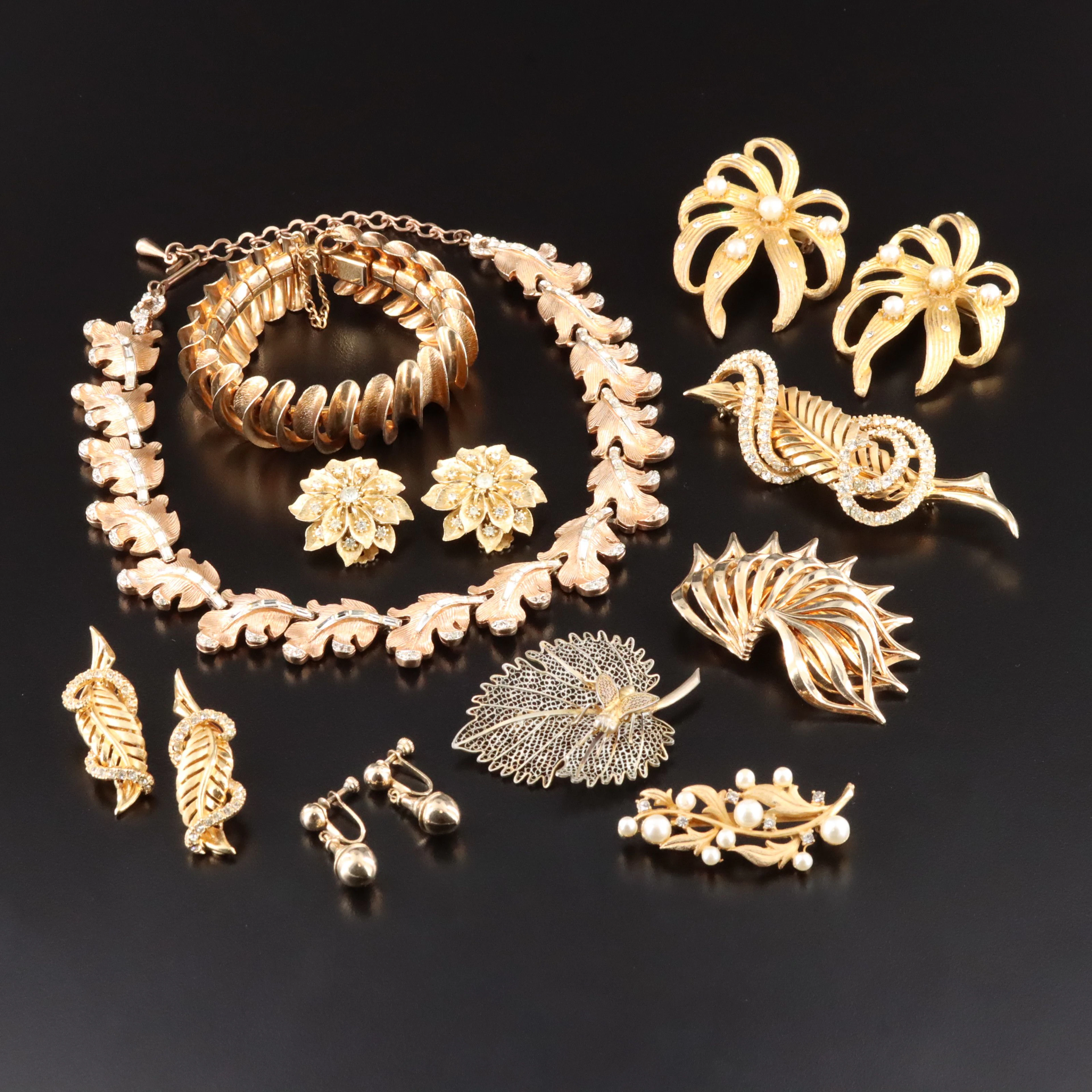 Vintage Jewelry Assortment Including 800 Silver Leaf Brooch and Faux Pearl