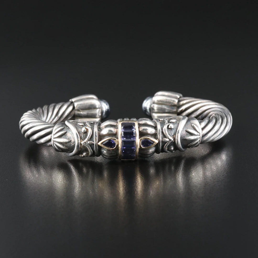 Sterling Iolite Twisted Rope Style Cuff Bracelet with 14K Accents