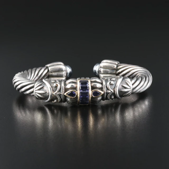 Sterling Iolite Twisted Rope Style Cuff Bracelet with 14K Accents