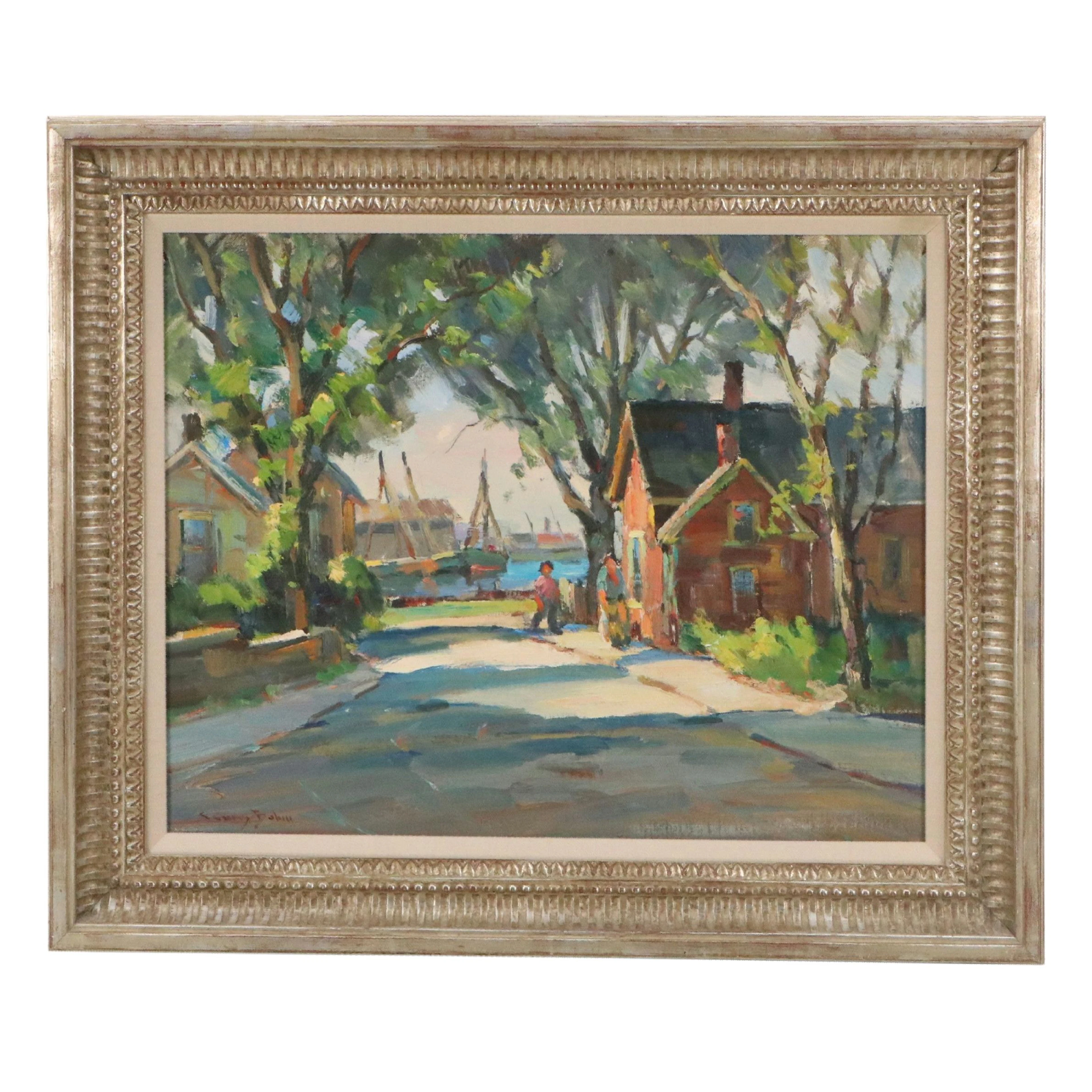 C. Curry Bohm Coastal Townscape Oil Painting, Mid-20th Century
