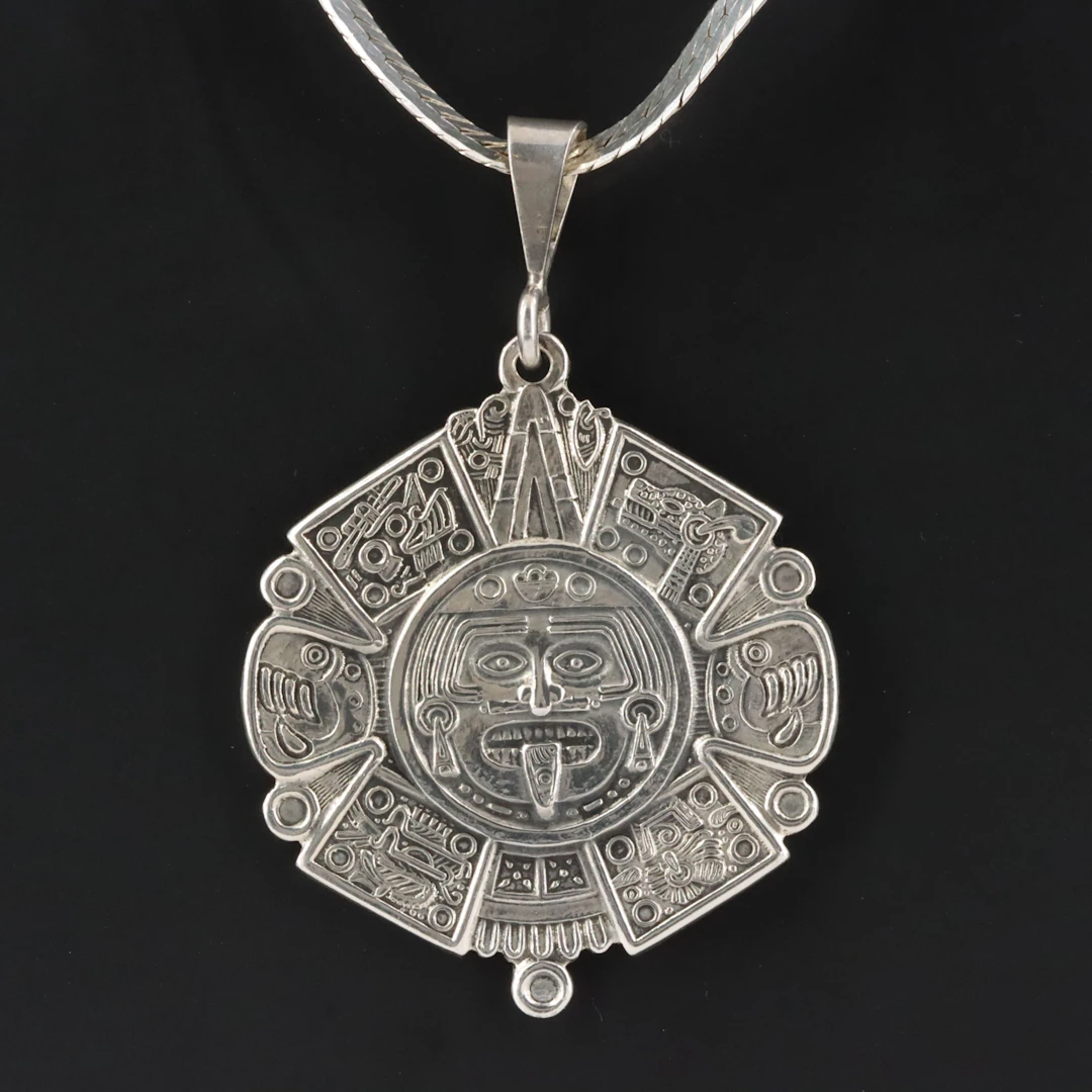 Mexican Sterling Aztec Calendar Pendant Necklace
