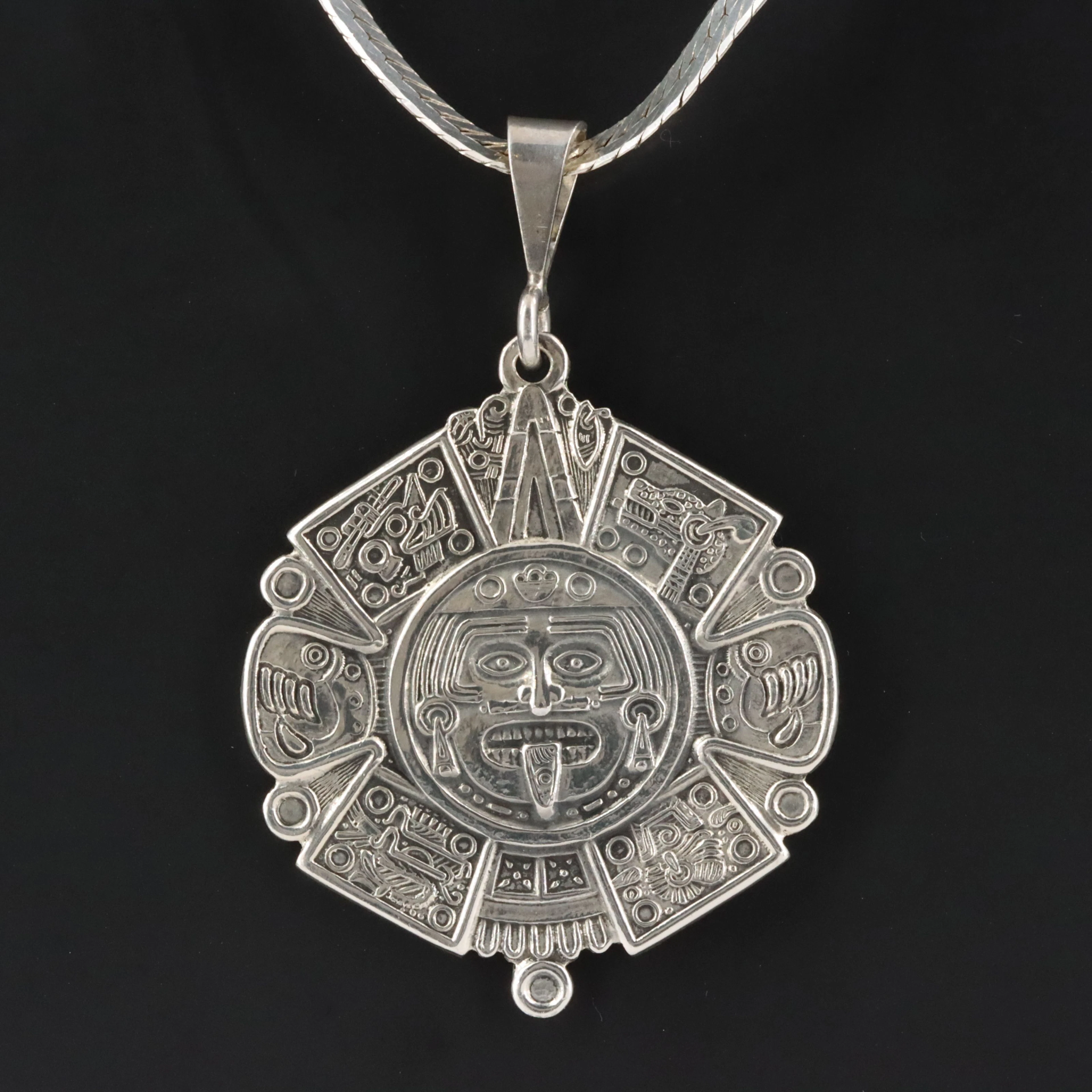 Mexican Sterling Aztec Calendar Pendant Necklace