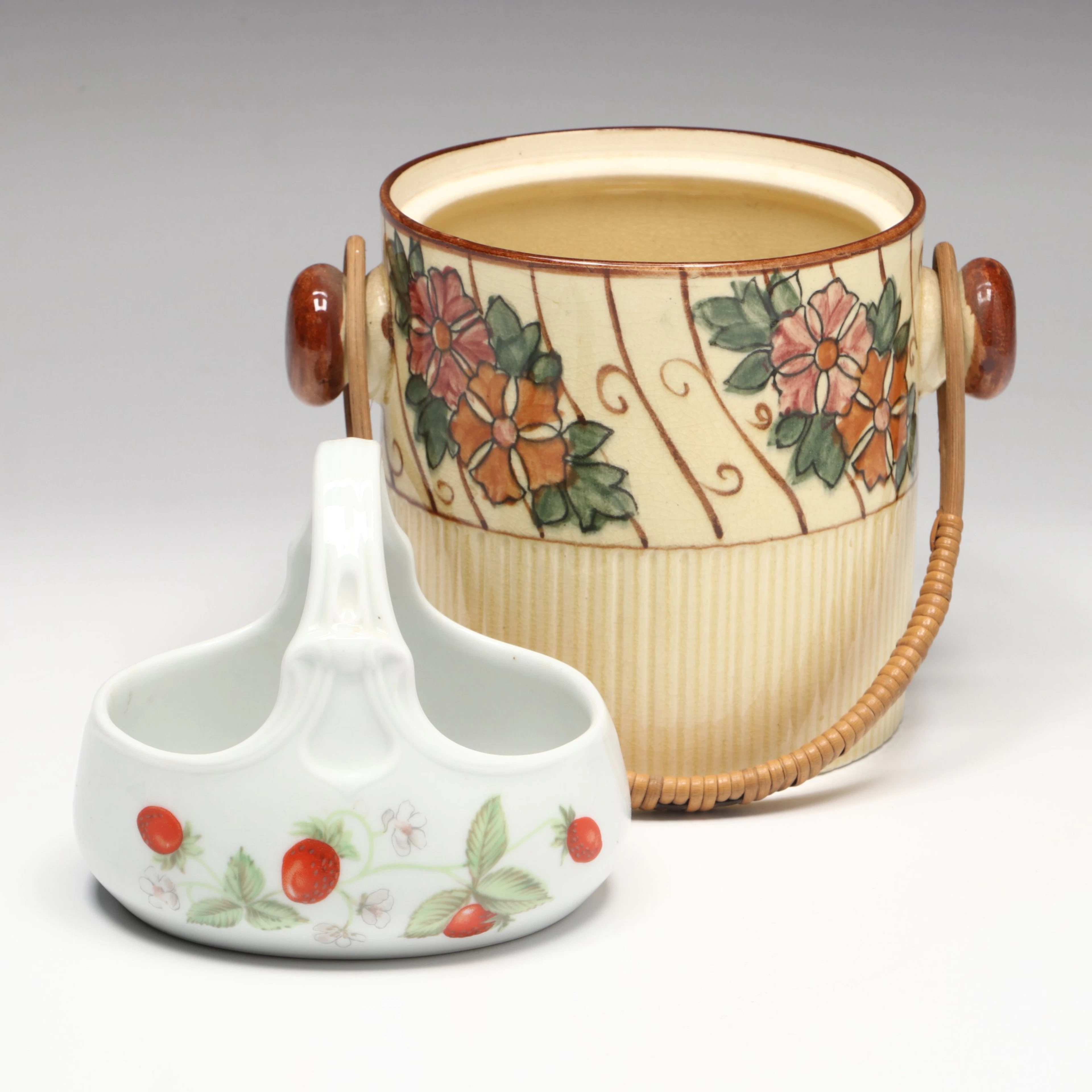 Léonard Bernardaud Strawberry Porcelain Basket with Japanese Floral Jar