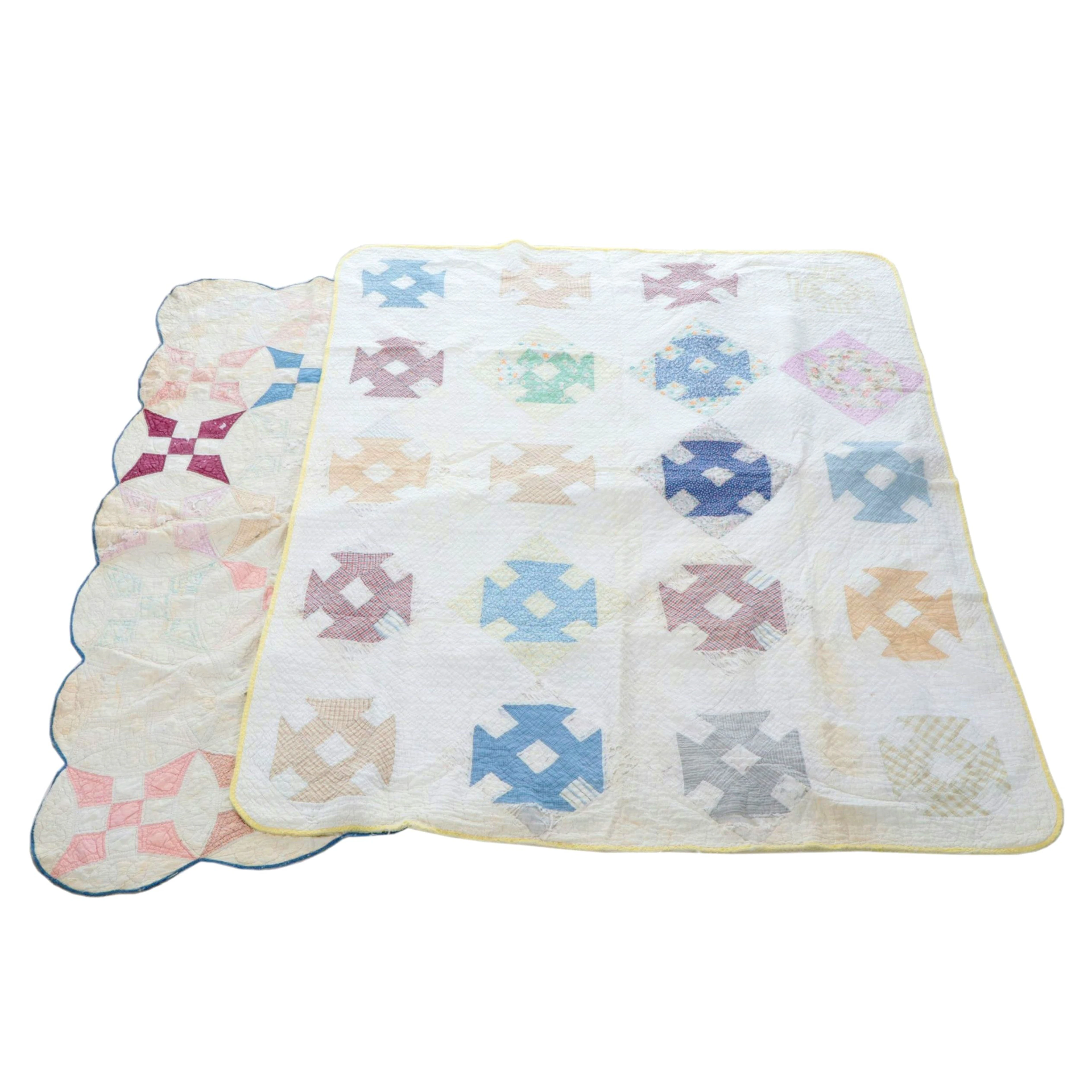 Hand-Stitched "Glorified Nine-Patch" and "Churn Dash" Patchwork Quilts