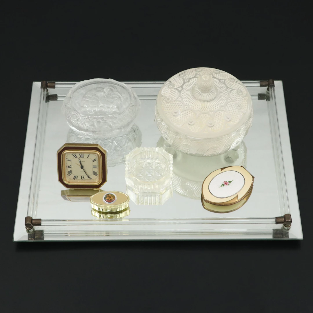 Seiko Desk Clock, Elgin Makeup Compact with Dishes and More Vanity Items