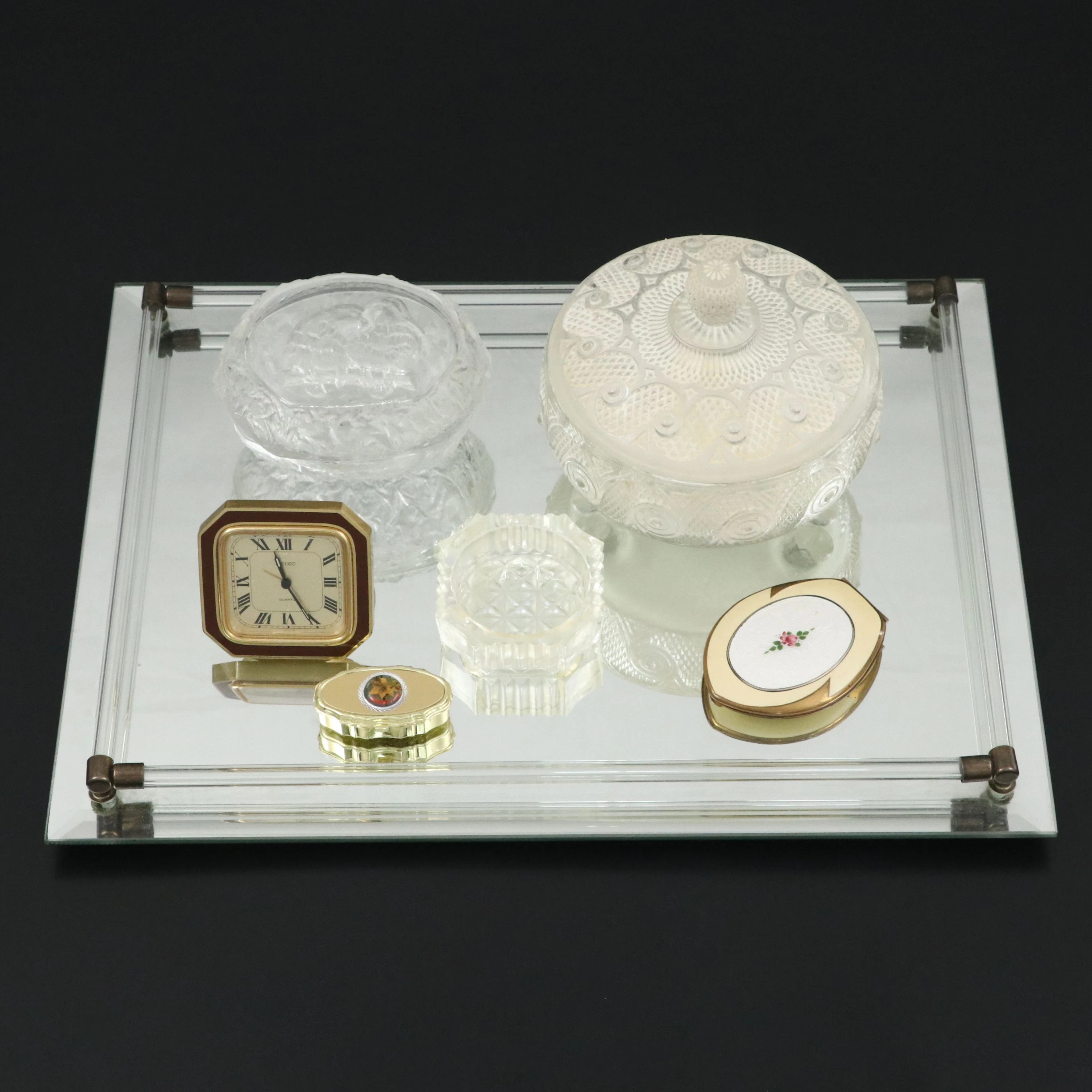 Seiko Desk Clock, Elgin Makeup Compact with Dishes and More Vanity Items