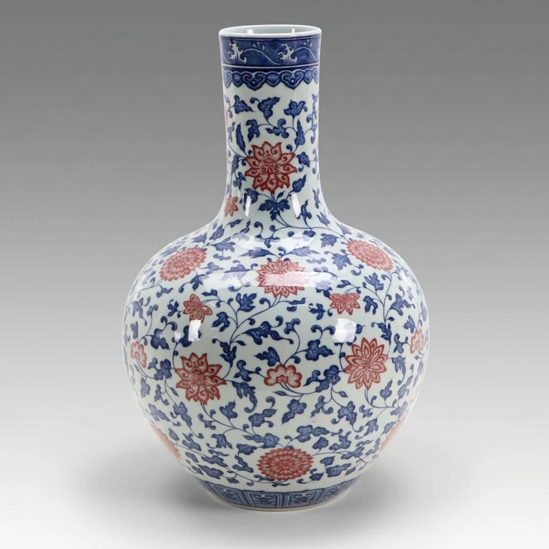Chinese Blue, White, and Copper Porcelain Lotus Globular Vase