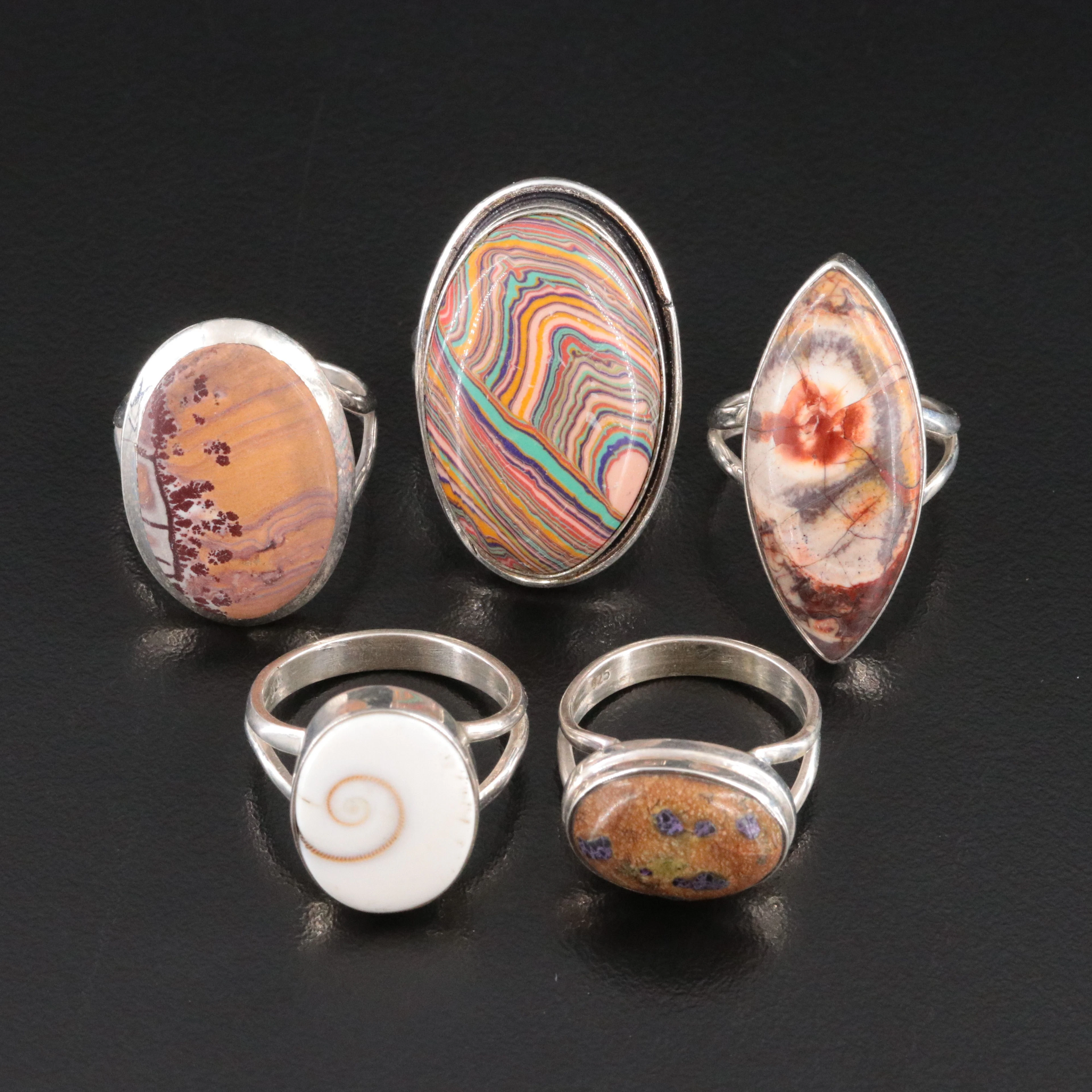 Sterling Gemstone Ring Collection Featuring Jasper and Fordite