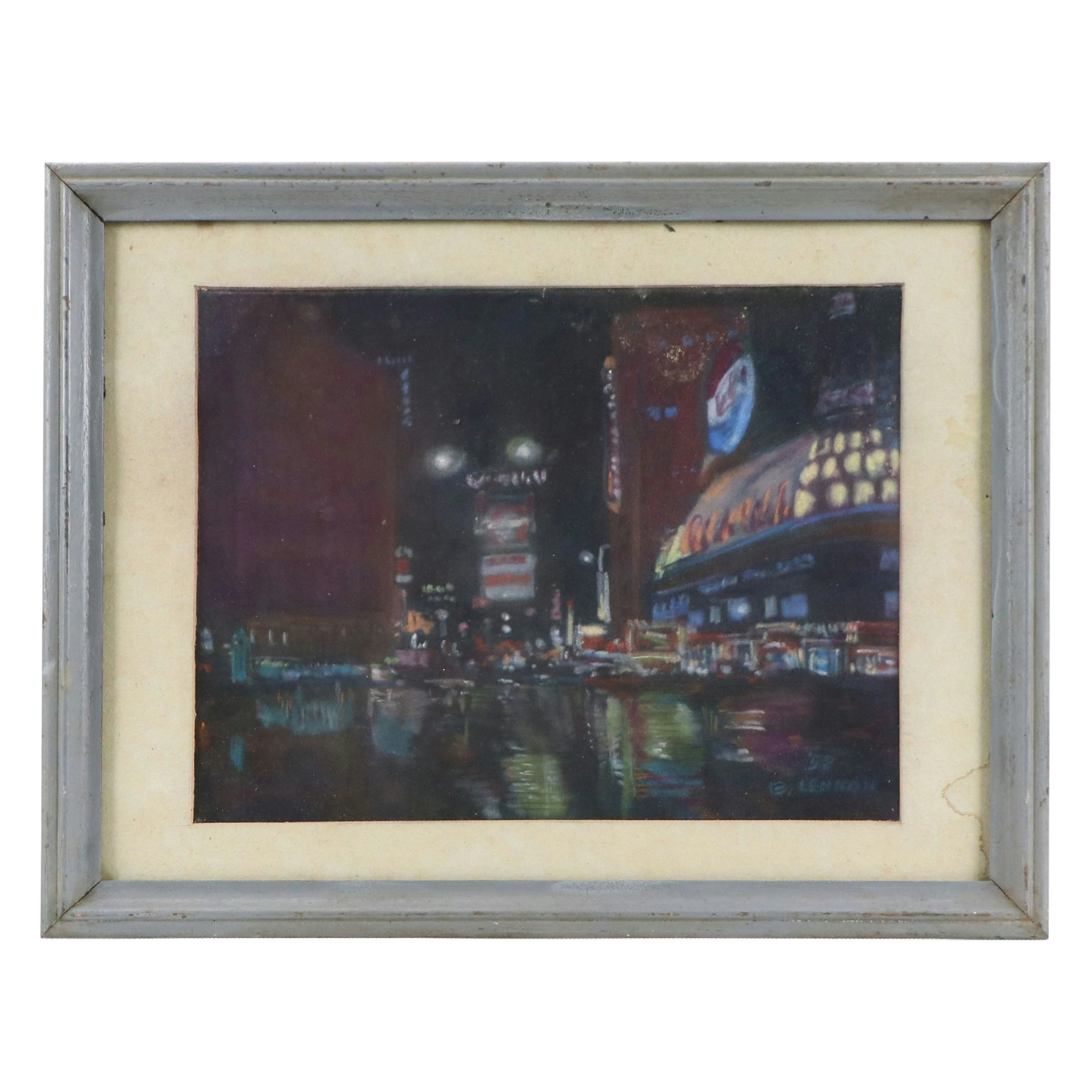 Bernard Lennon Nocturne Cityscape Chalk Pastel Drawing, Late 20th Century