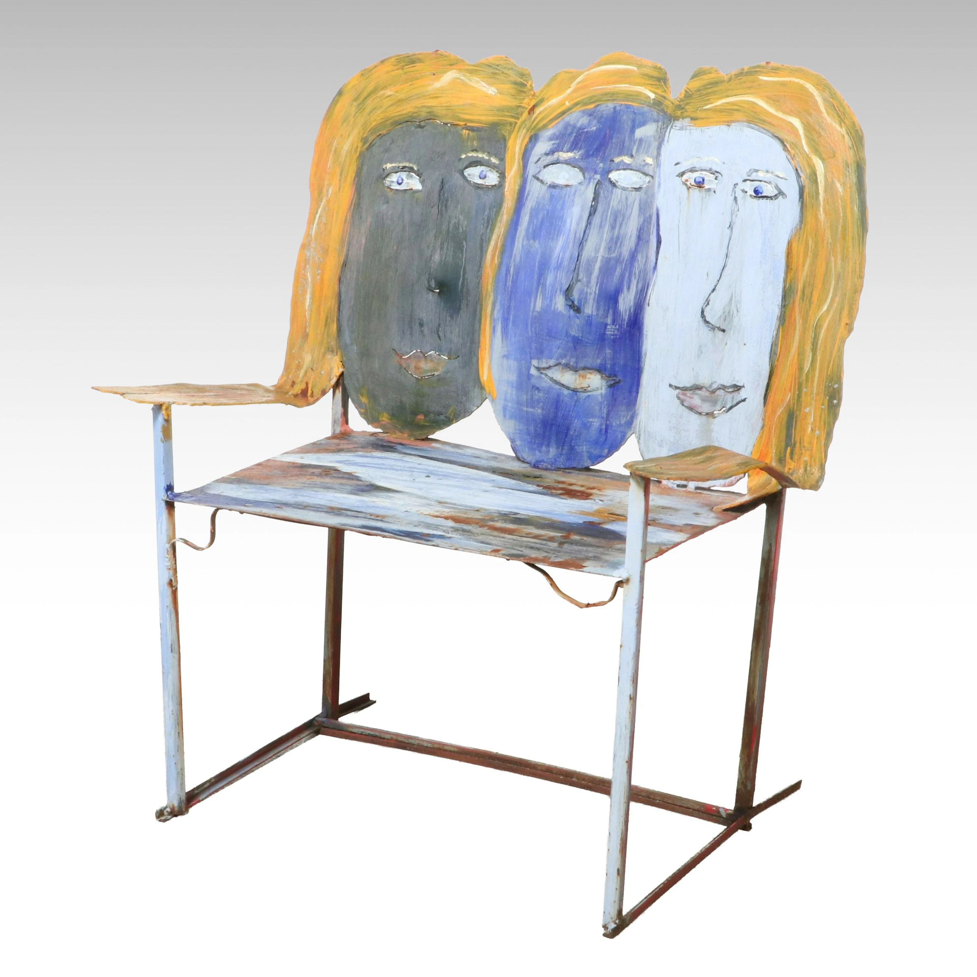 Folk Art Painted Metal Three-Seat Bench, 21st Century