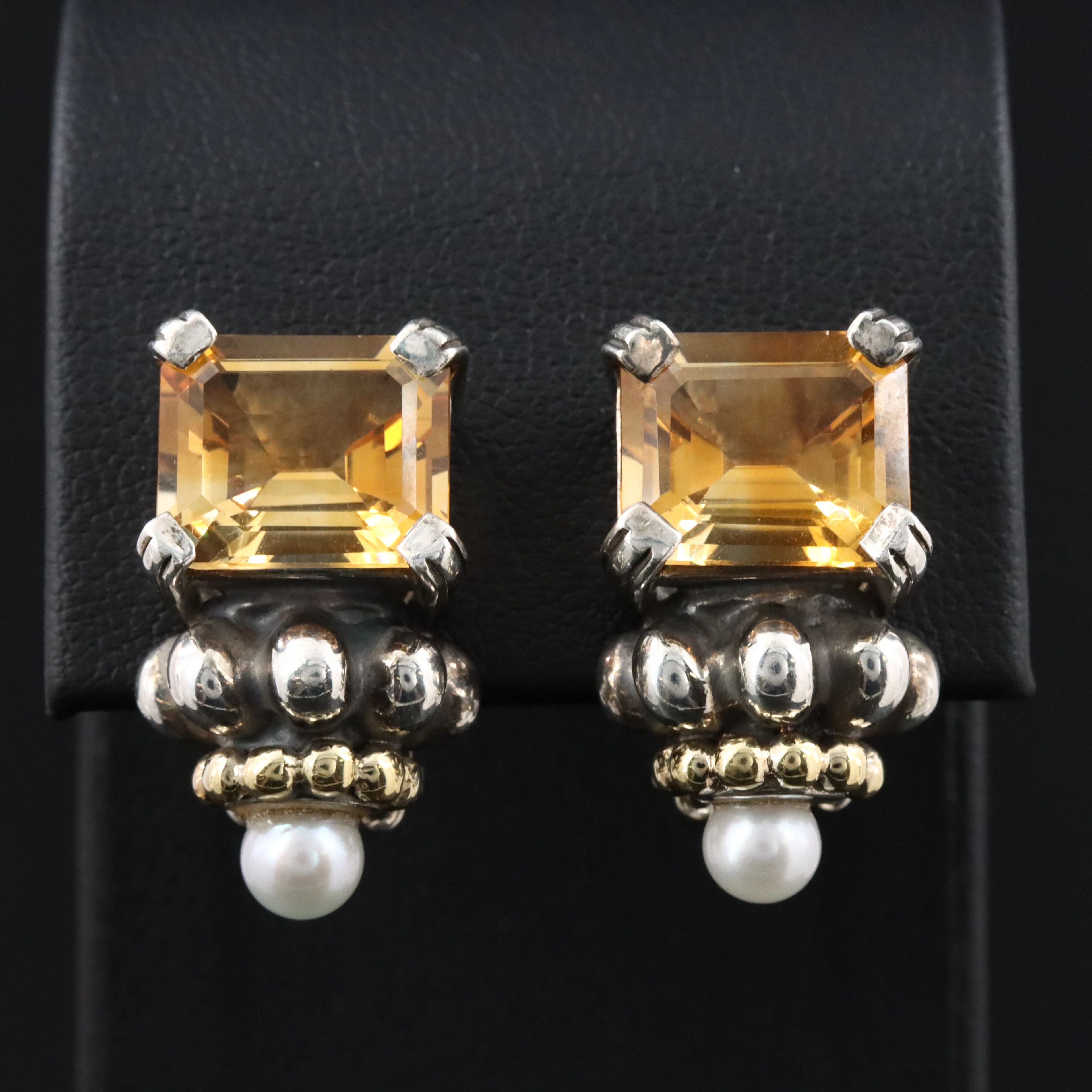 Caviar by Lagos Sterling Citrine and Pearl Fluted Clip Earrings with