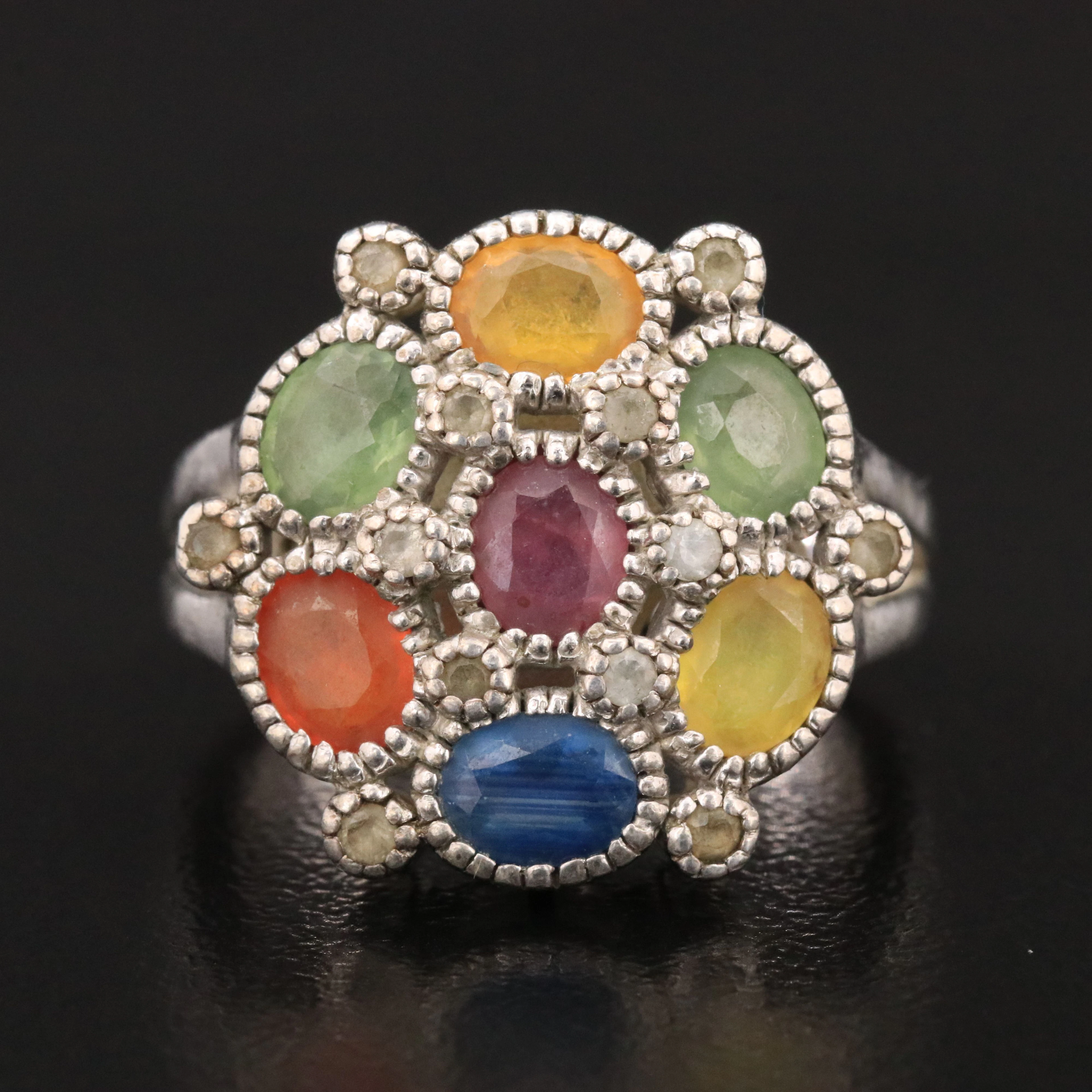 Sterling Sapphire and Ruby Cluster Ring