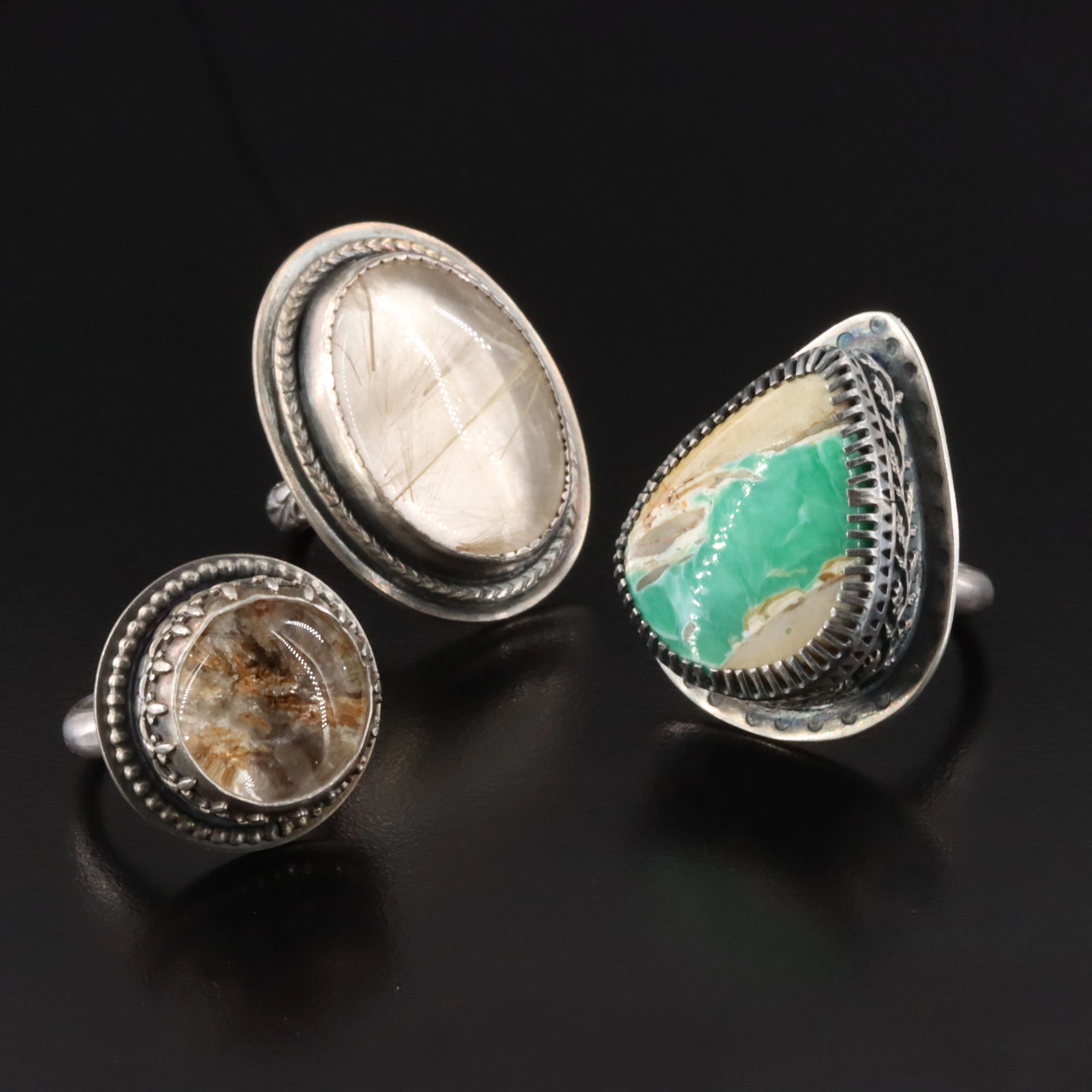 EON Designs Sterling Rutilated Quartz, Jasper and Glass Doublet Rings