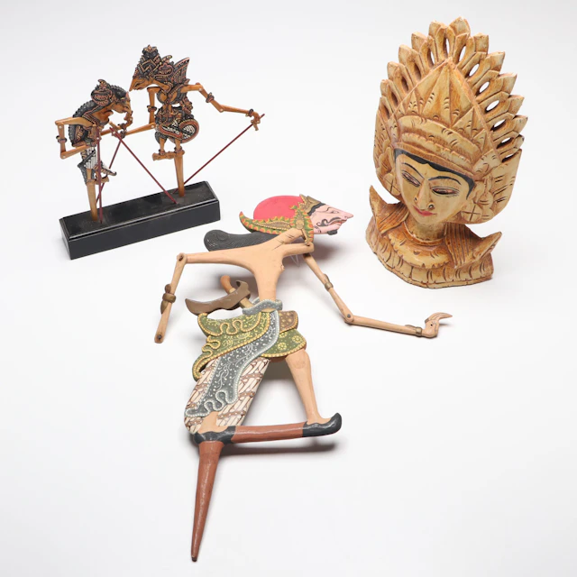 Indonesian Wayang Shadow Puppets, Hindu Goddess Bust and Mask