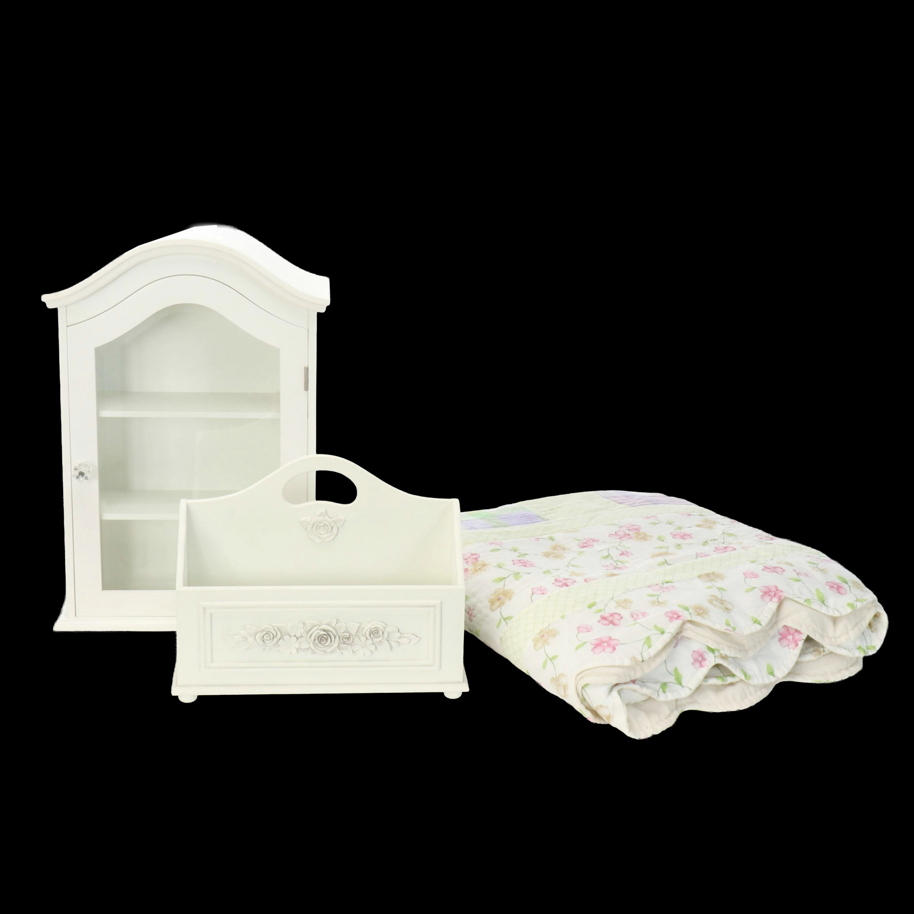 Wooden Wall Hanging Cabinet, Wooden Magazine Rack, and Bedding