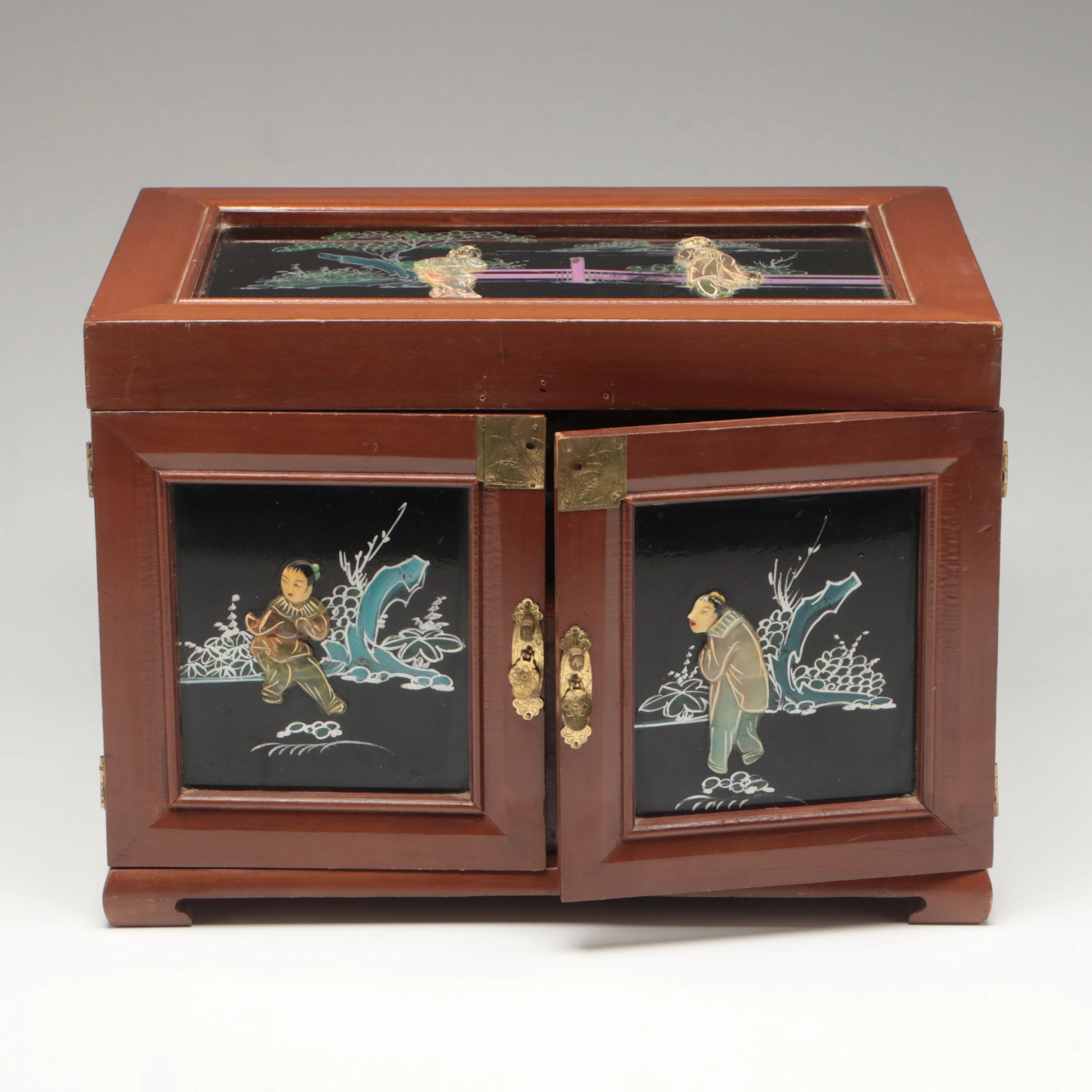 Chinese Mid-Century Hand-Painted Resin Figural Inlaid Wood Jewelry Box