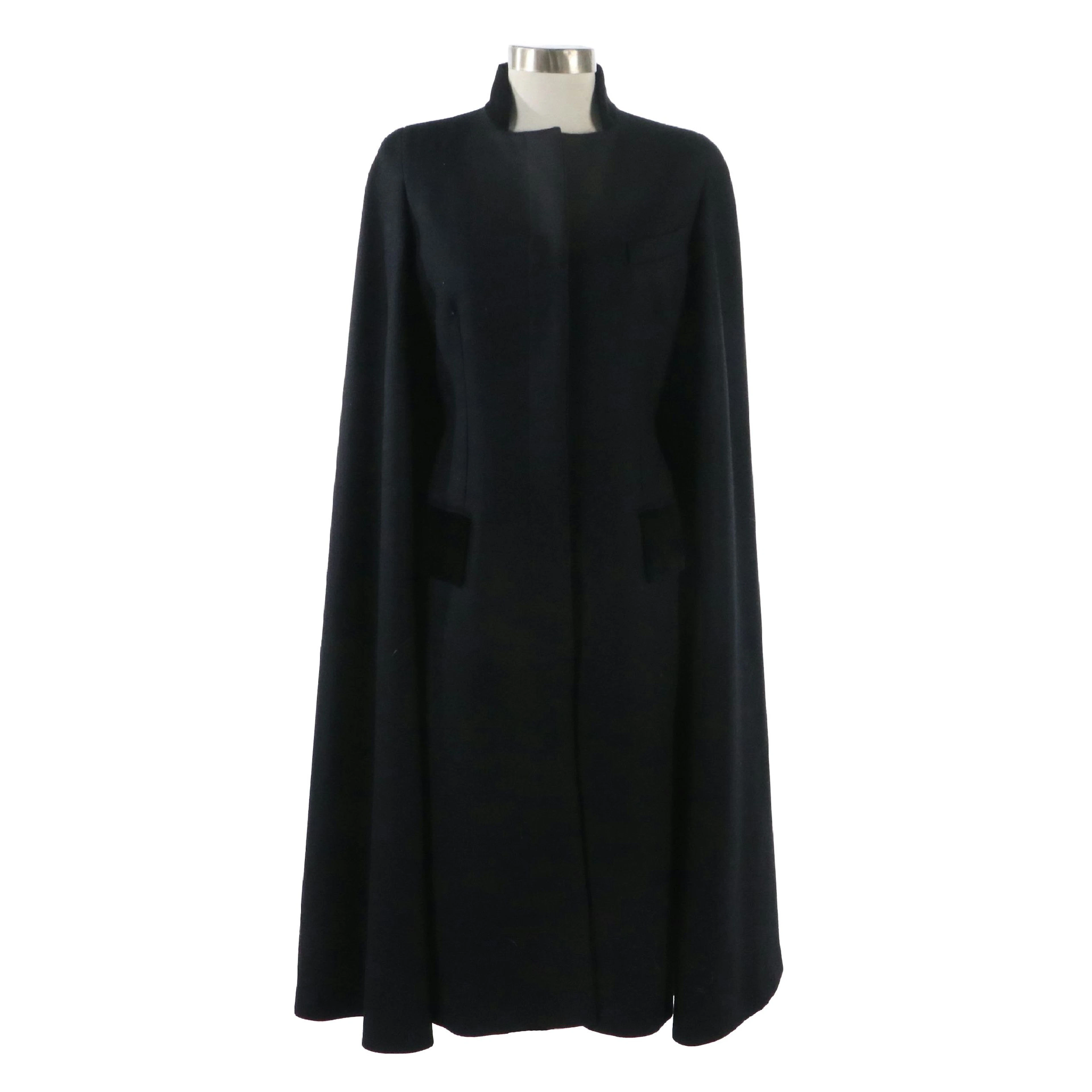 Alexander McQueen Black Wool Long Cape Coat with Velvet Accents