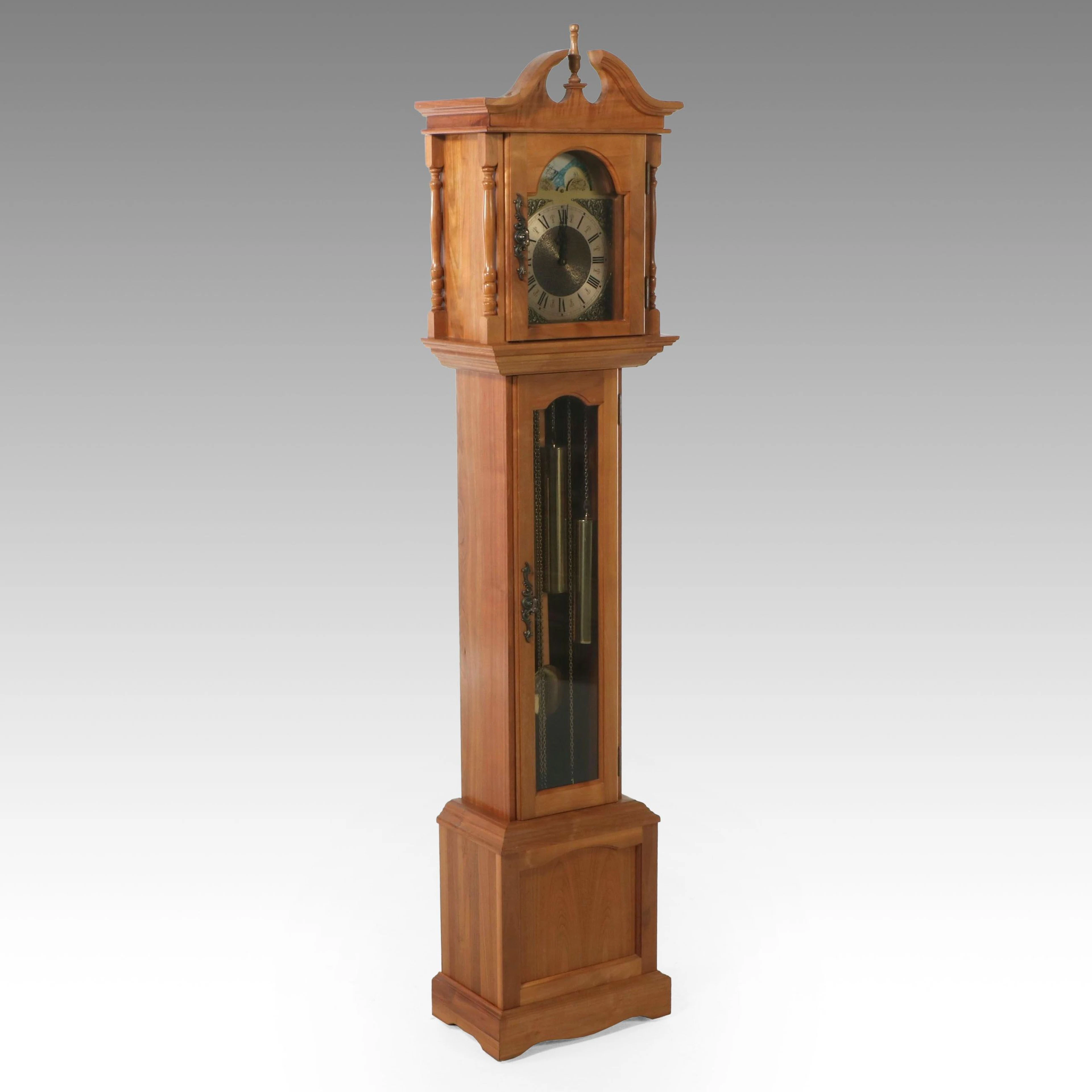 Emperor Chippendale Style Maple Finish Grandfather Clock with Moon Phase Dial