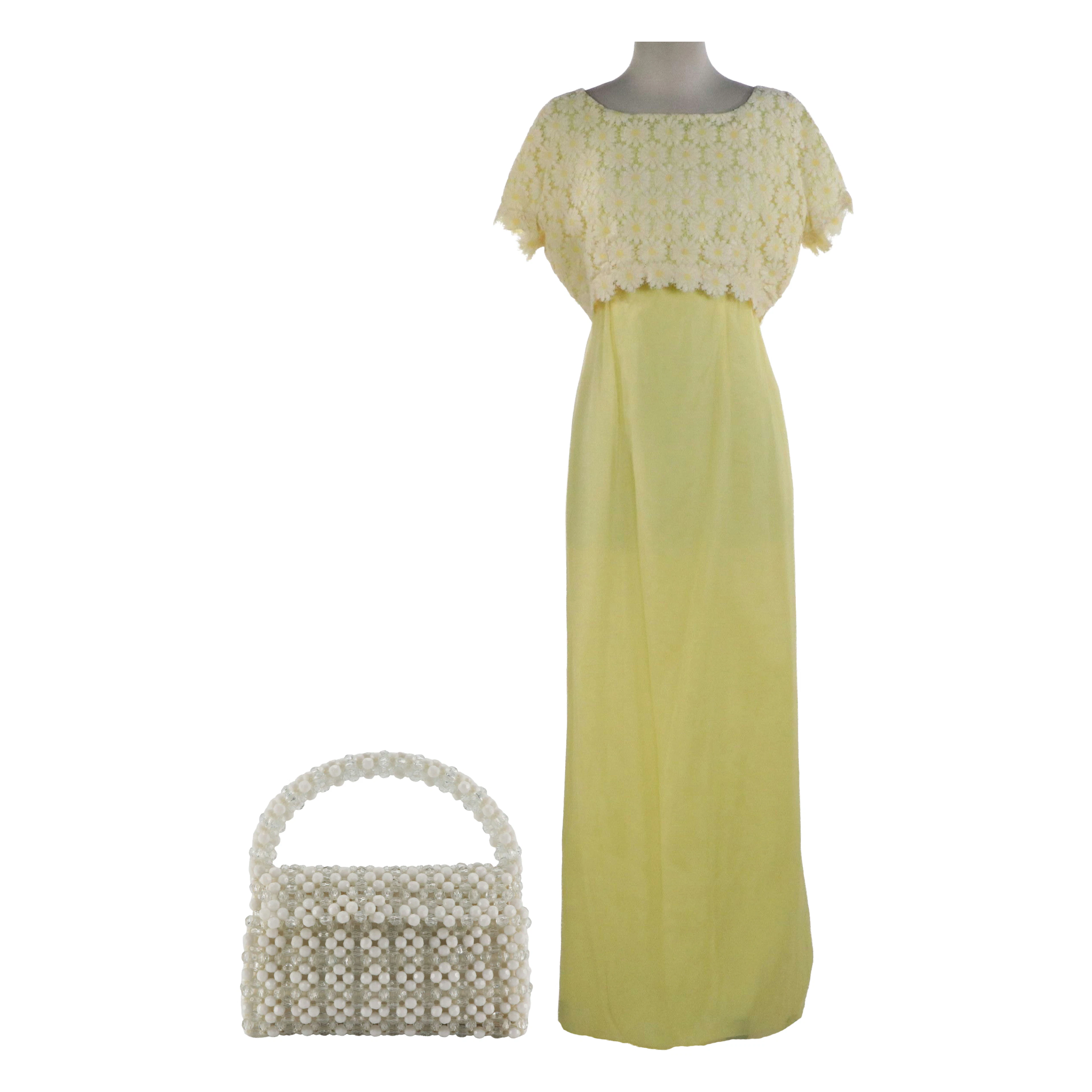 Emma Domb Floral Lace Overlay Yellow Maxi Dress with Other Beaded Handbag
