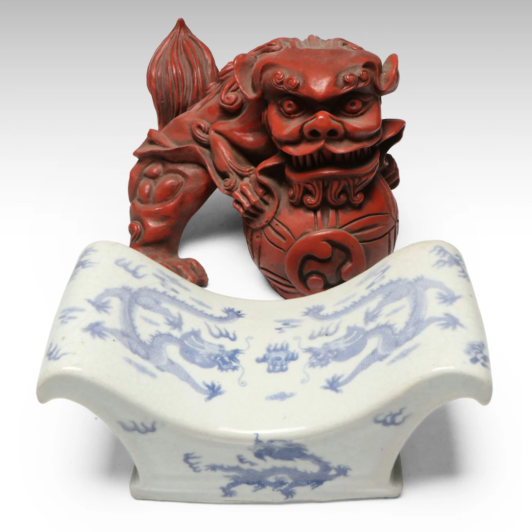 Chinese Blue and White Porcelain Opium Pillow with Guardian Lion