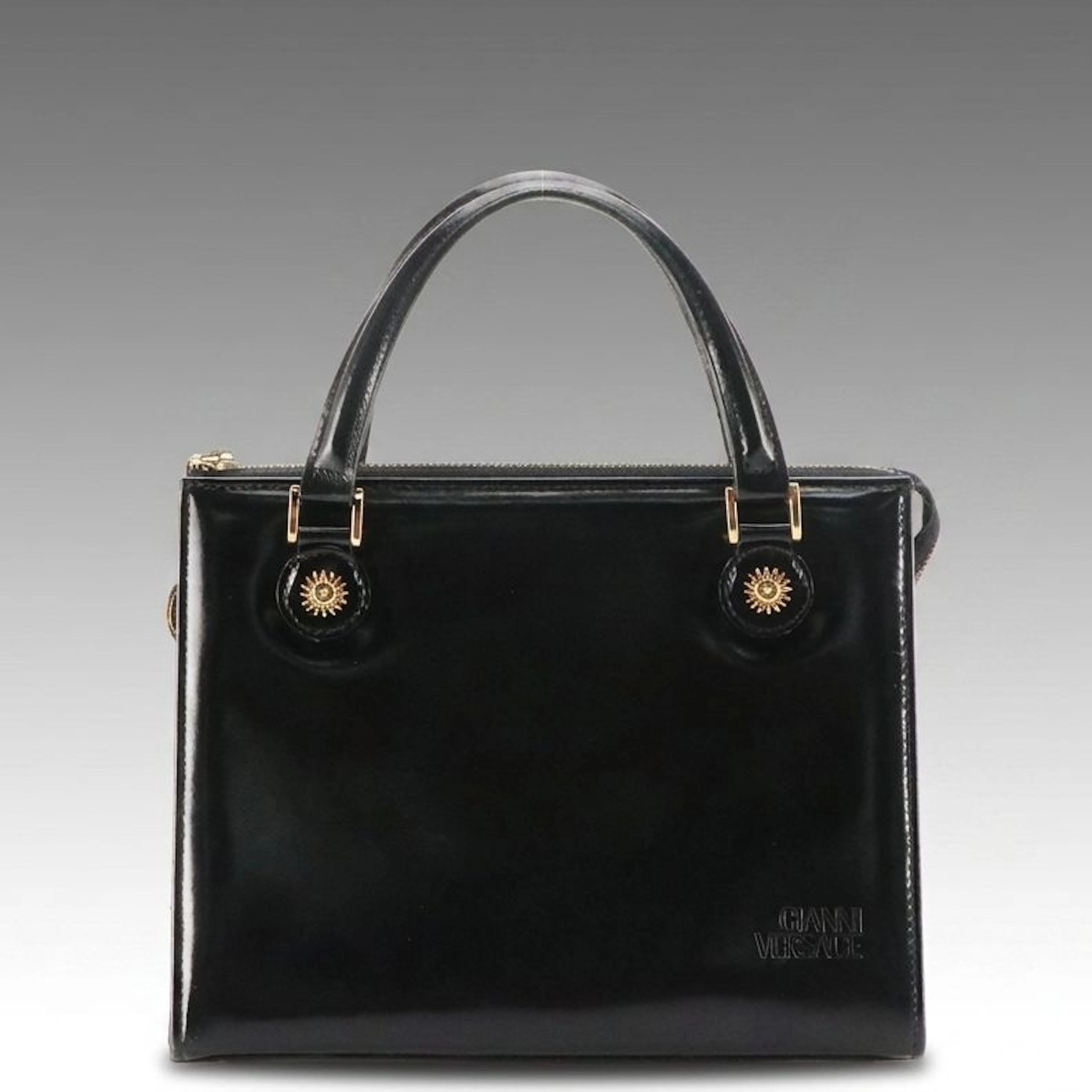 Gianni Versace Black Textured Glazed Leather Handbag with Sunburst Hardware
