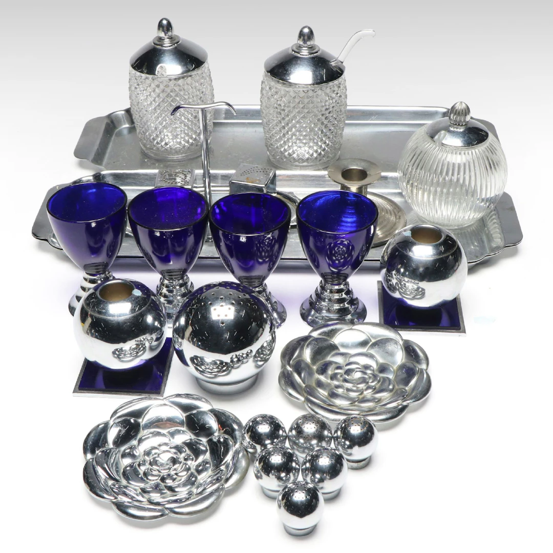 Chase Art Deco "Blue Moon" Cobalt Cocktail Glasses with More Serveware, 20th C.