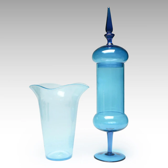 Italian Murano Style Blue Art Glass Jar with Vase, Mid to Late 20th Century