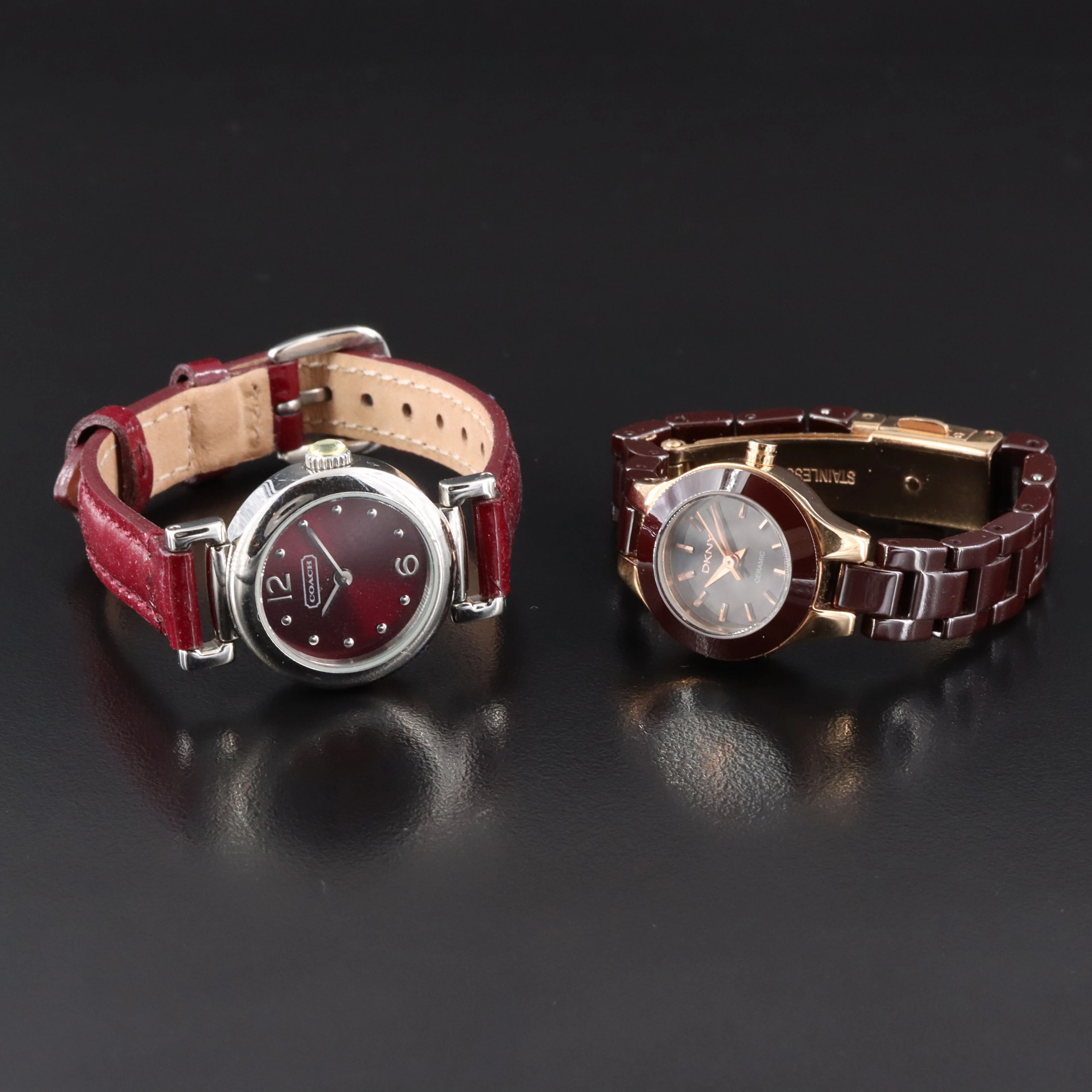 Coach and DKNY Burgundy Motif Stainless Steel and Ceramic Designer Watch