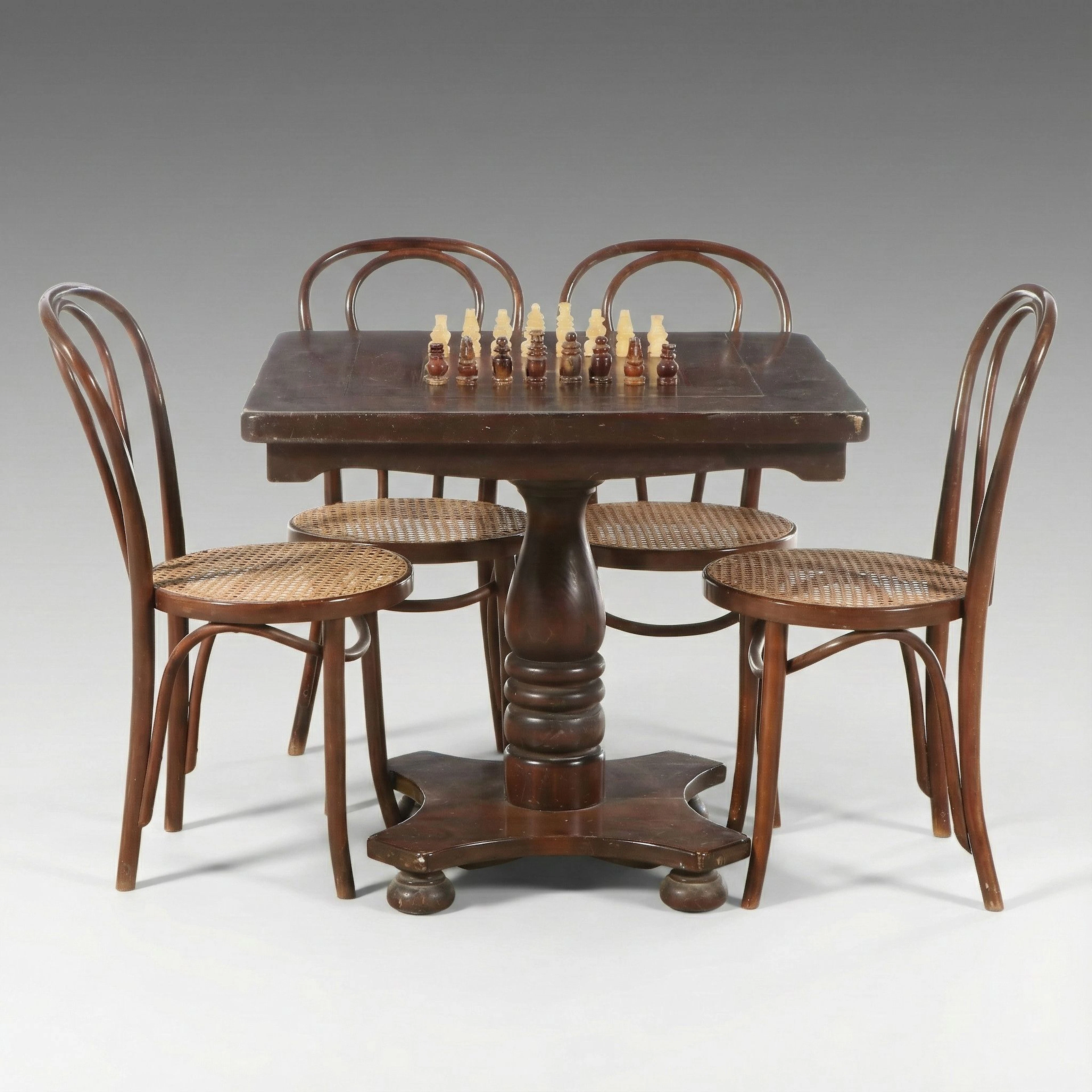 Kling Furniture Walnut Finish Games Table with Bentwood and Cane Bistro Chairs