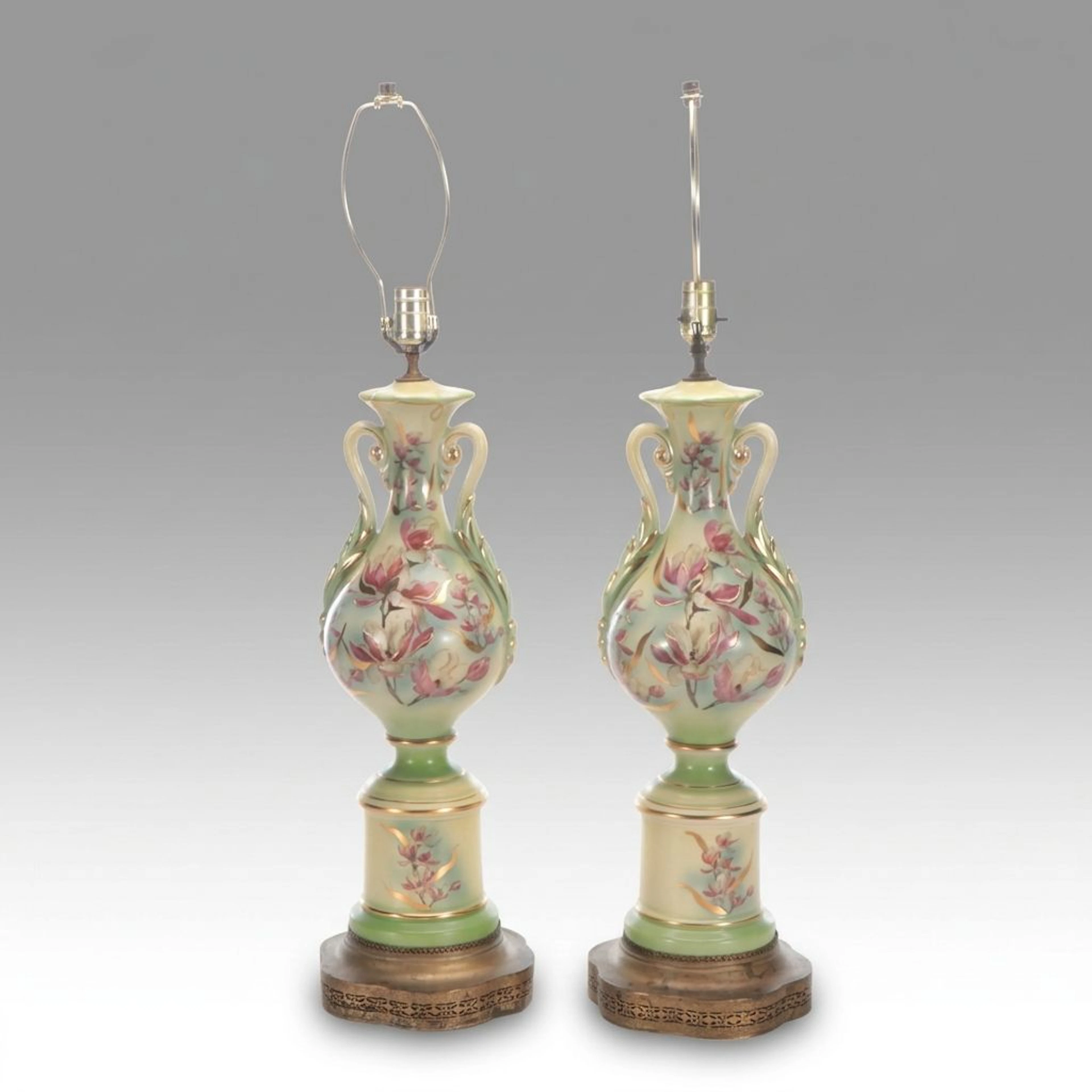 Pair of Painted Magnolias Urn Form Table Lamps, Mid-20th C.
