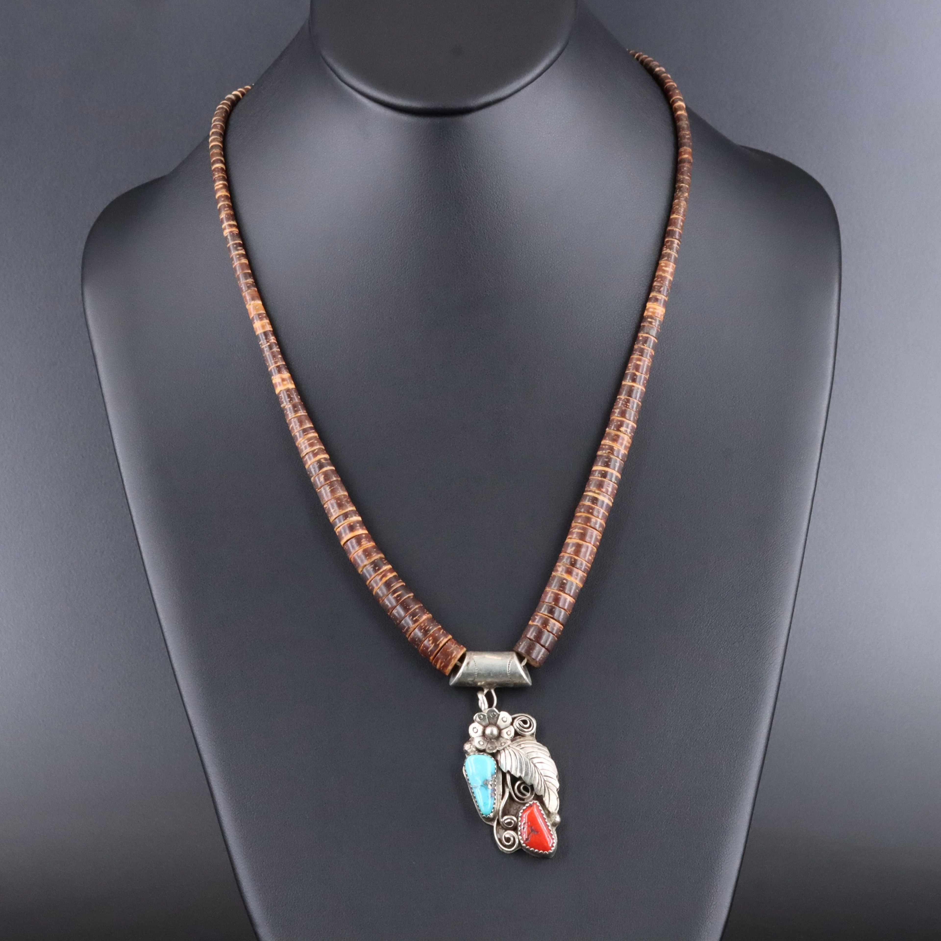 Southwestern Coral, Turquoise and Nut Appliqué Necklace