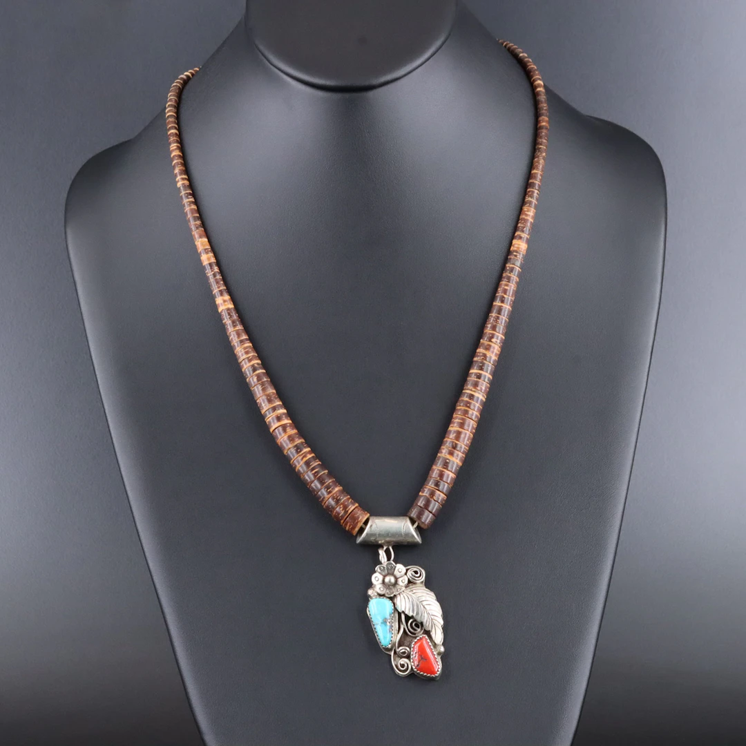 Southwestern Coral, Turquoise and Nut Appliqué Necklace