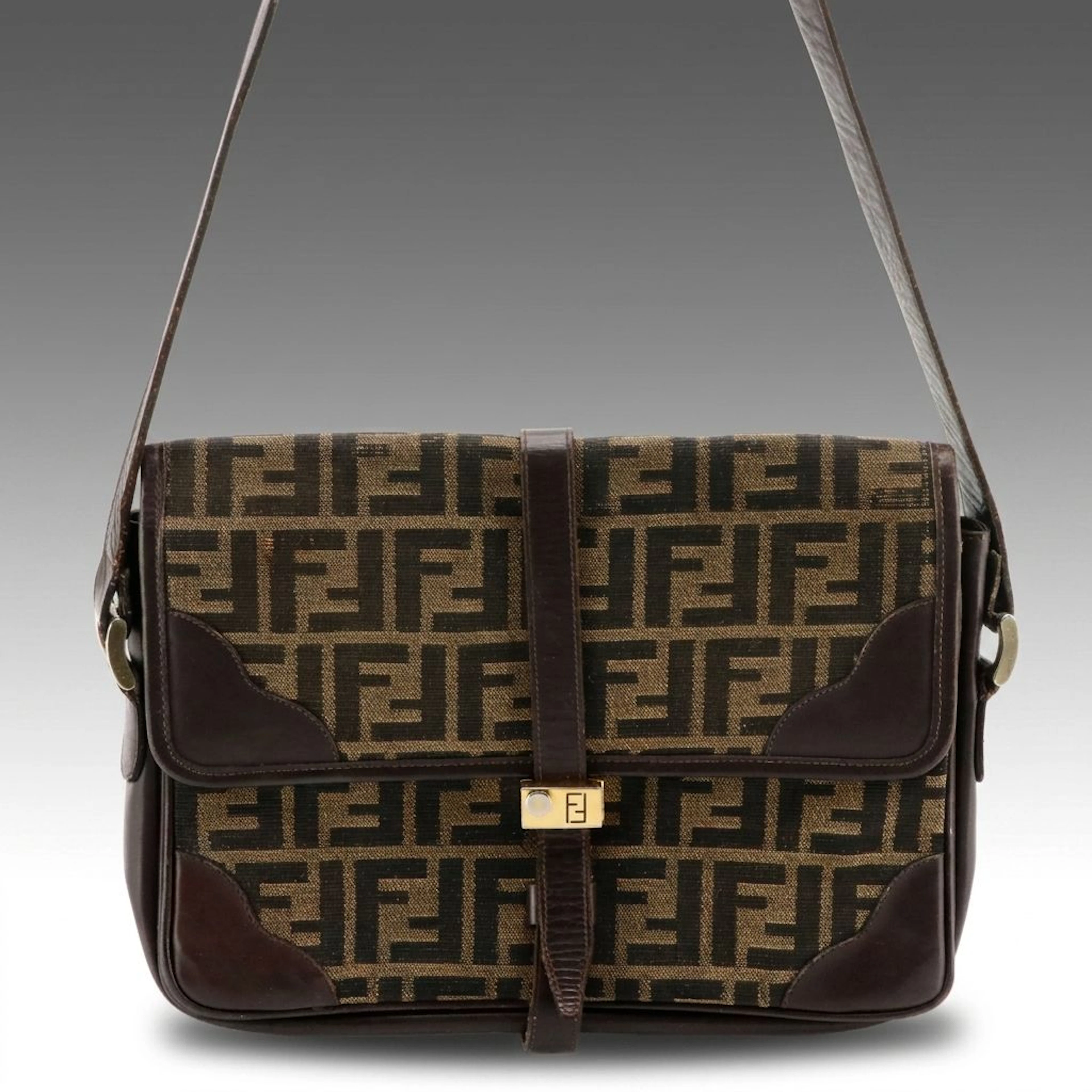 Fendi Zucca Shoulder Bag in Monogrammed Canvas with Brown Leather Accents