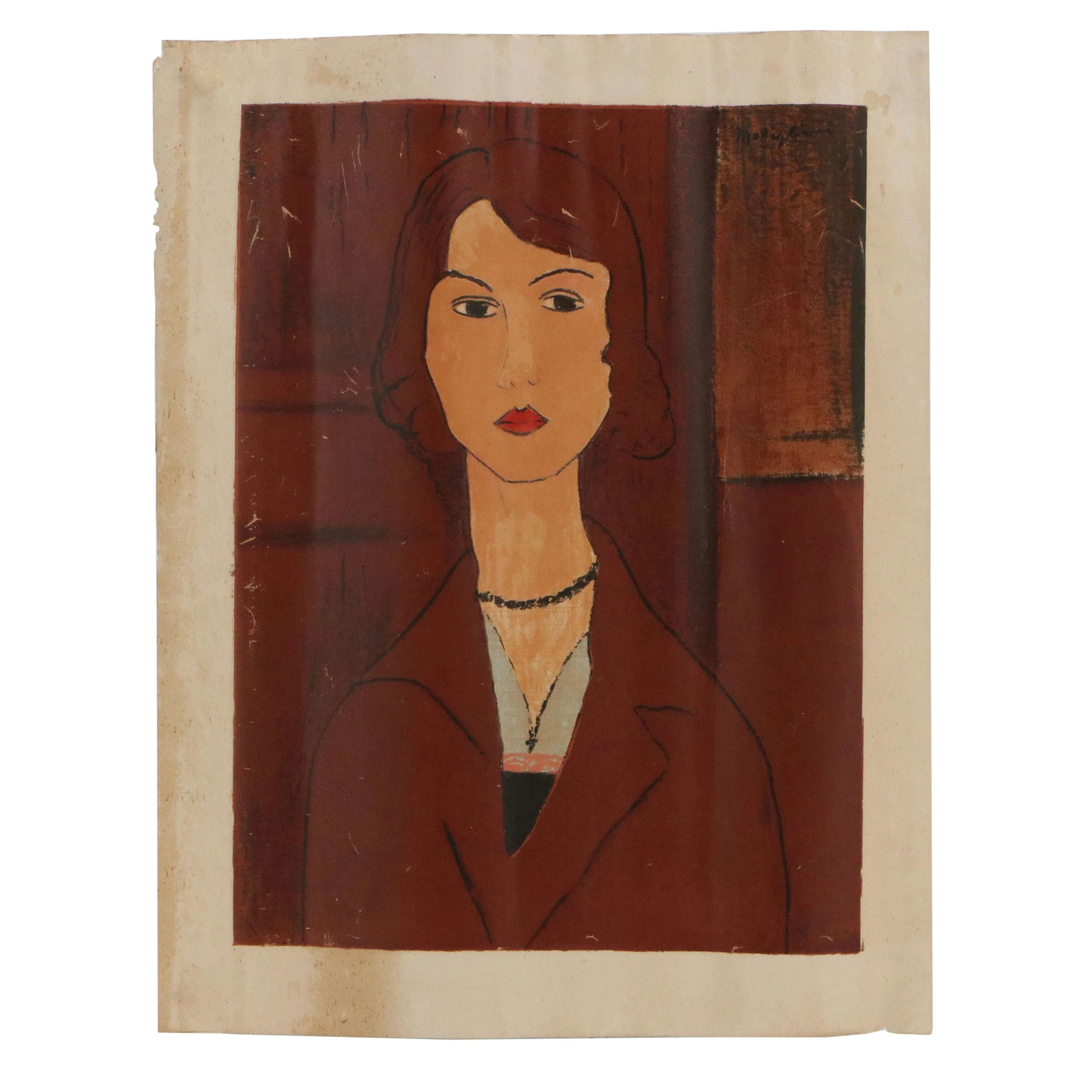 After Amedeo Modigliani Stylized Serigraph of Female Portrait