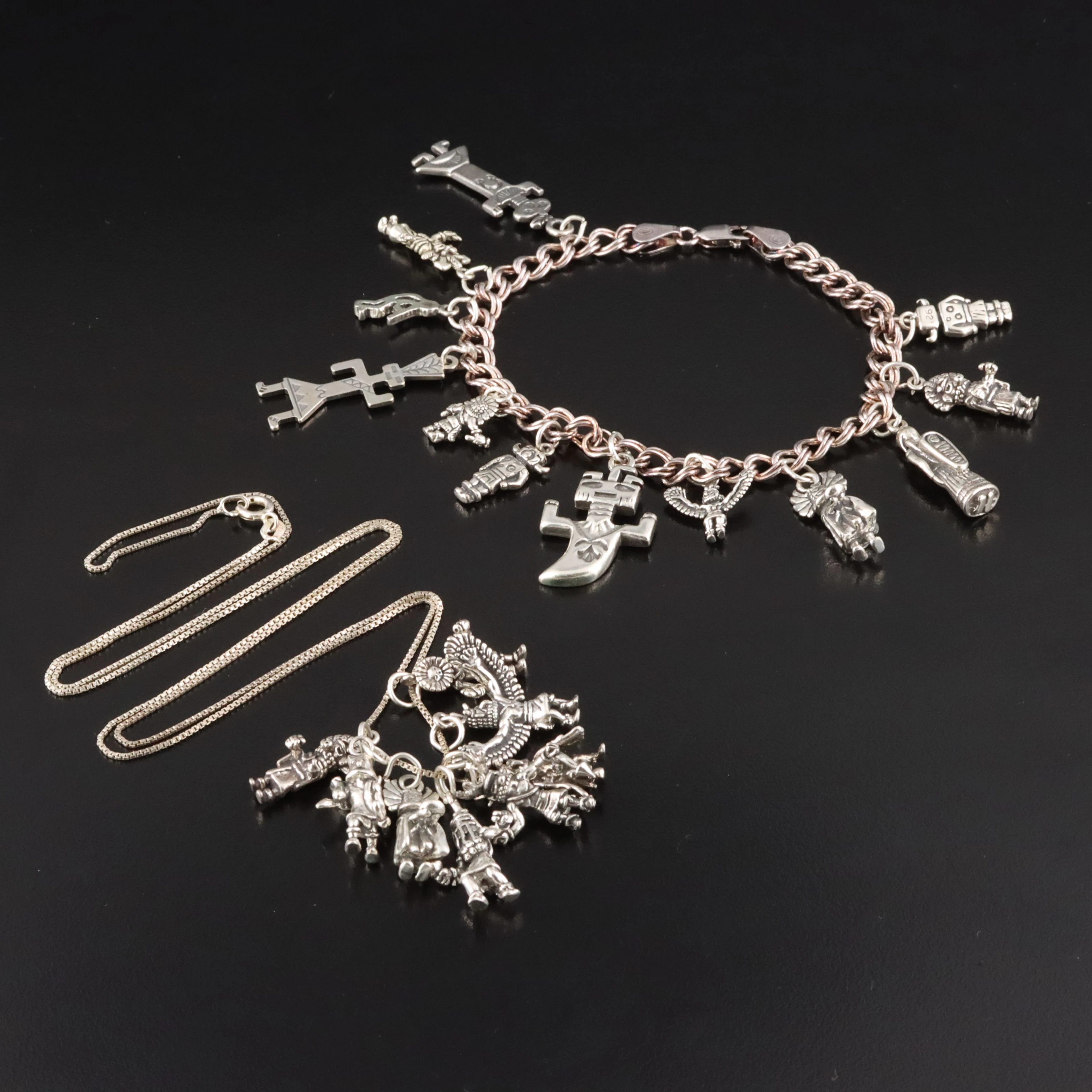 Western Themed Sterling Charm Necklace & Bracelet