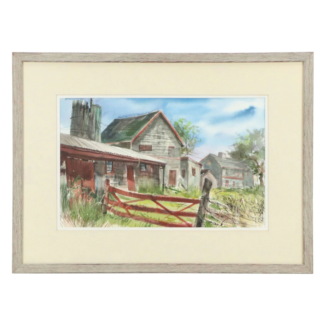 Landscape Watercolor Painting "Jamestown Farm," Late 20th Century