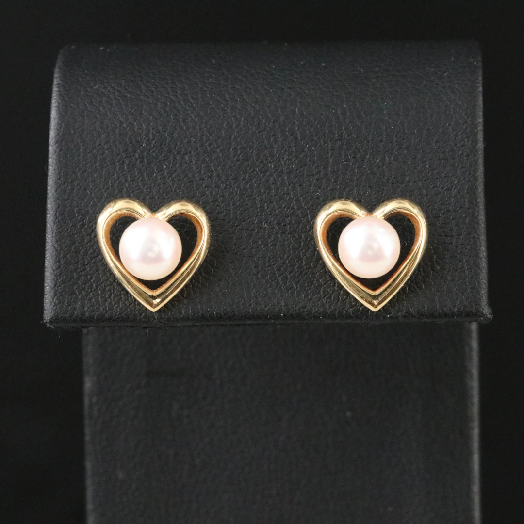 Mikimoto 18K Pearl Heart Stud Earrings