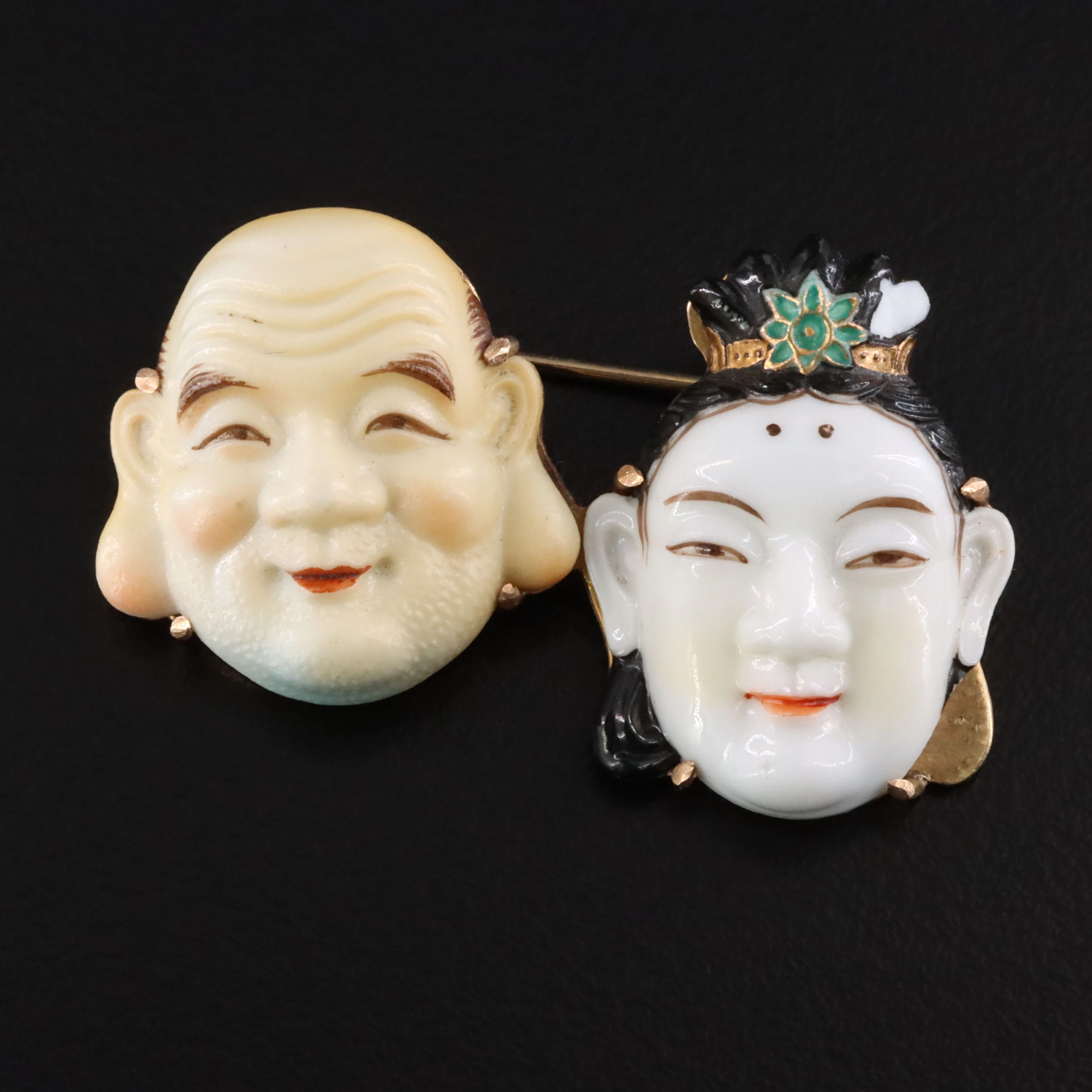 1940s Japanese Toshikane "Deities of Good Luck" 10K Porcelain Brooch