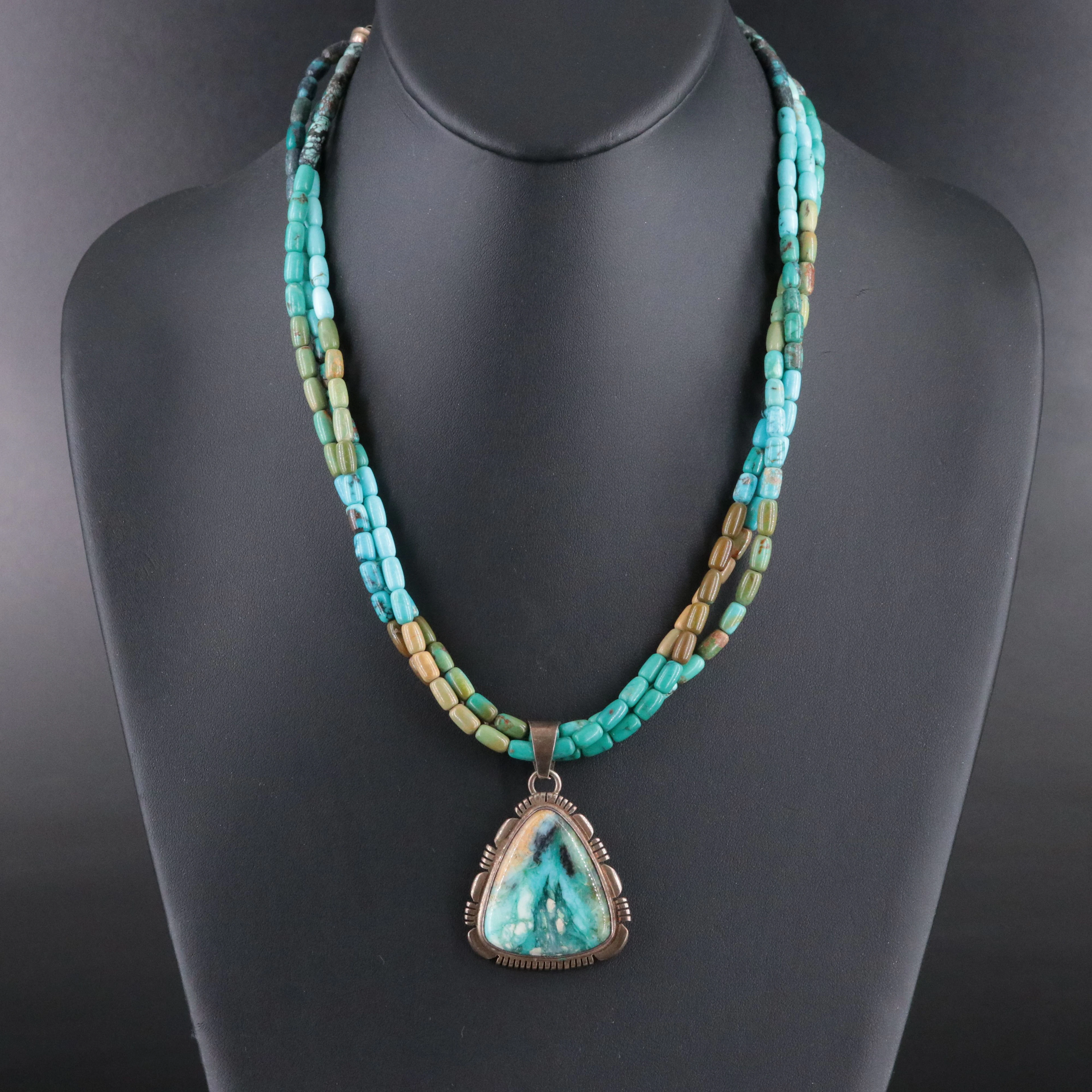 Thomas Francisco Navajo Diné Turquoise Beads and Wood Opal Pendant Necklace