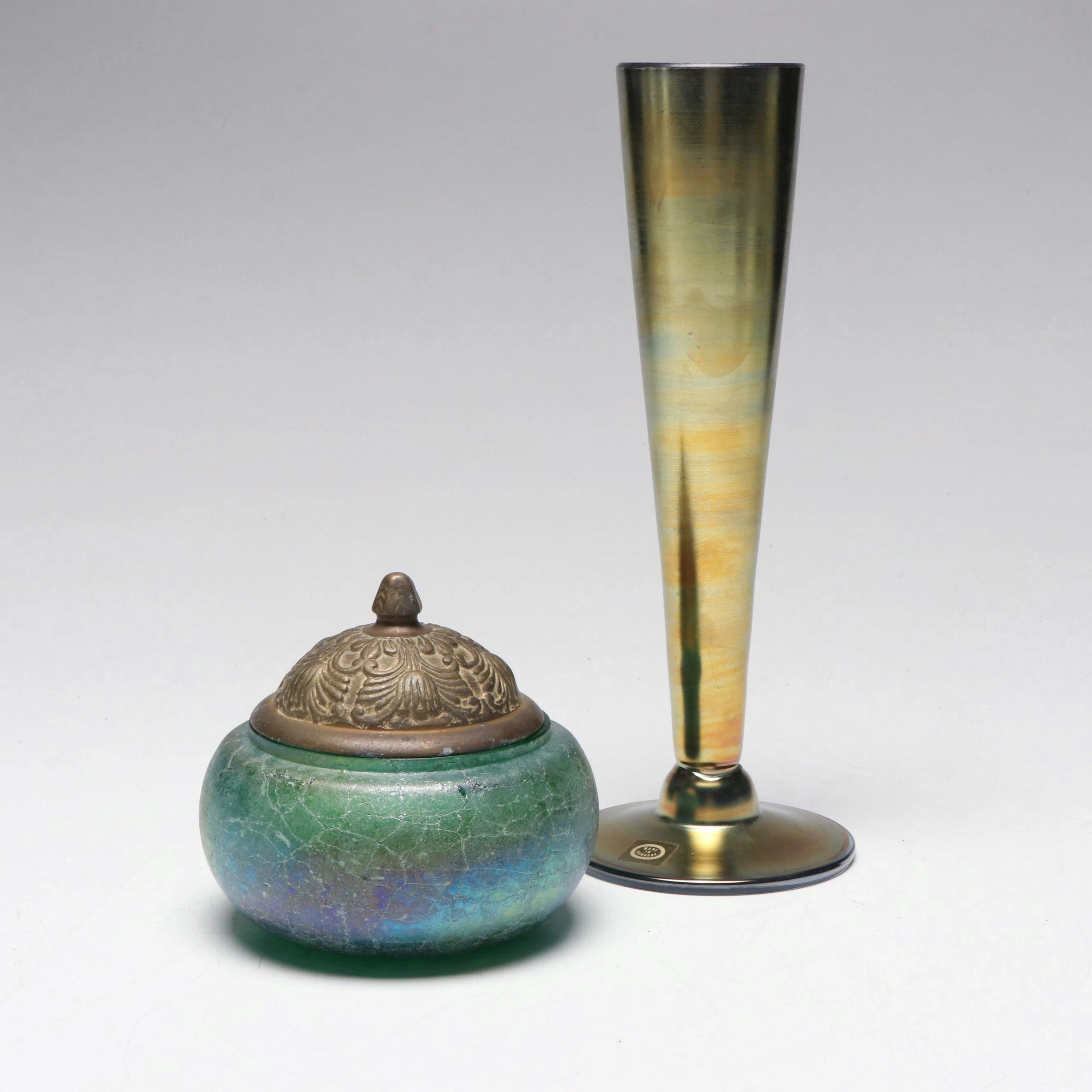 Hungarian Handblown Iridescent Fluted Vase with Other Lidded Art Glass Jar