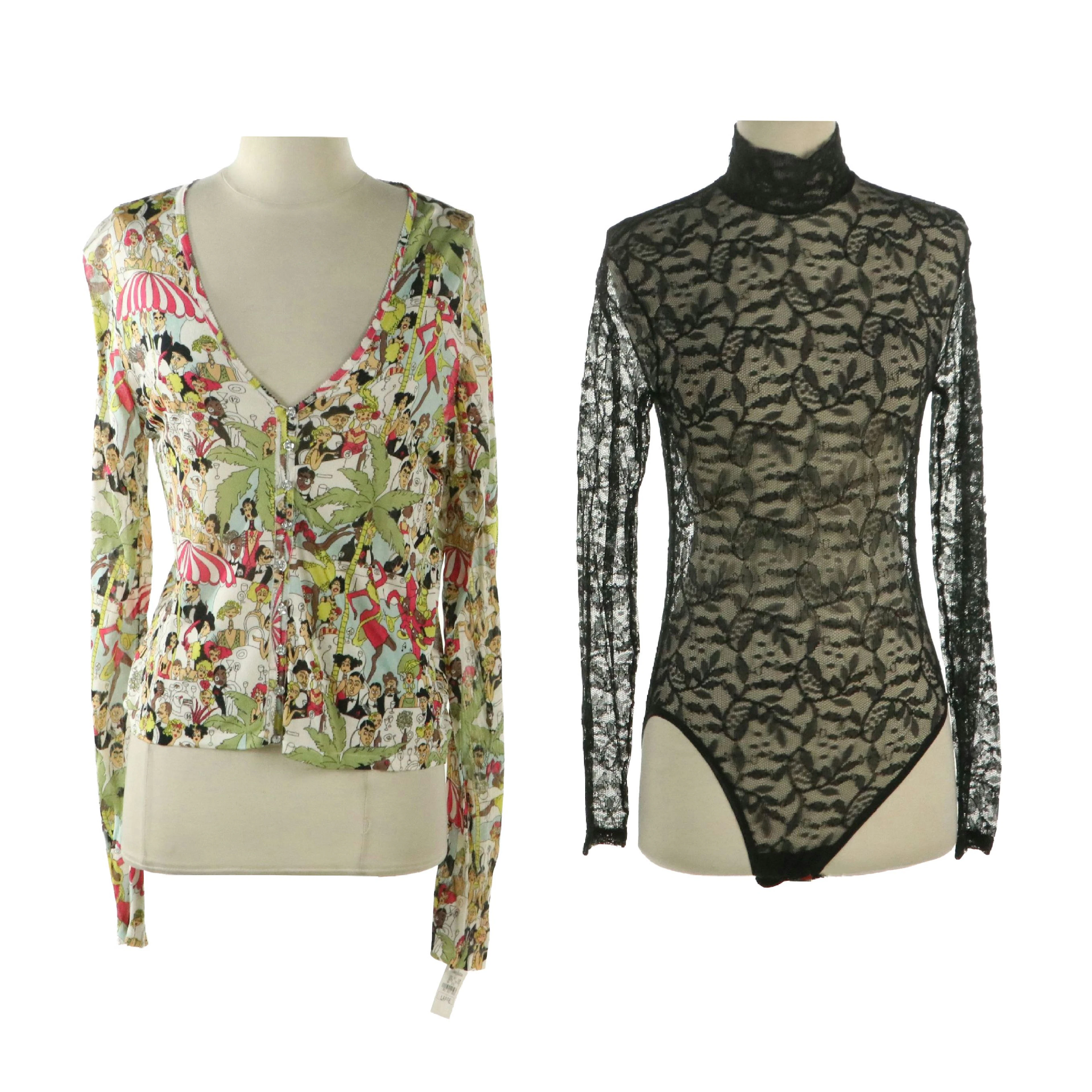 John Galliano Cafe Society Print Cardigan with Fogal Black Lace Bodysuit